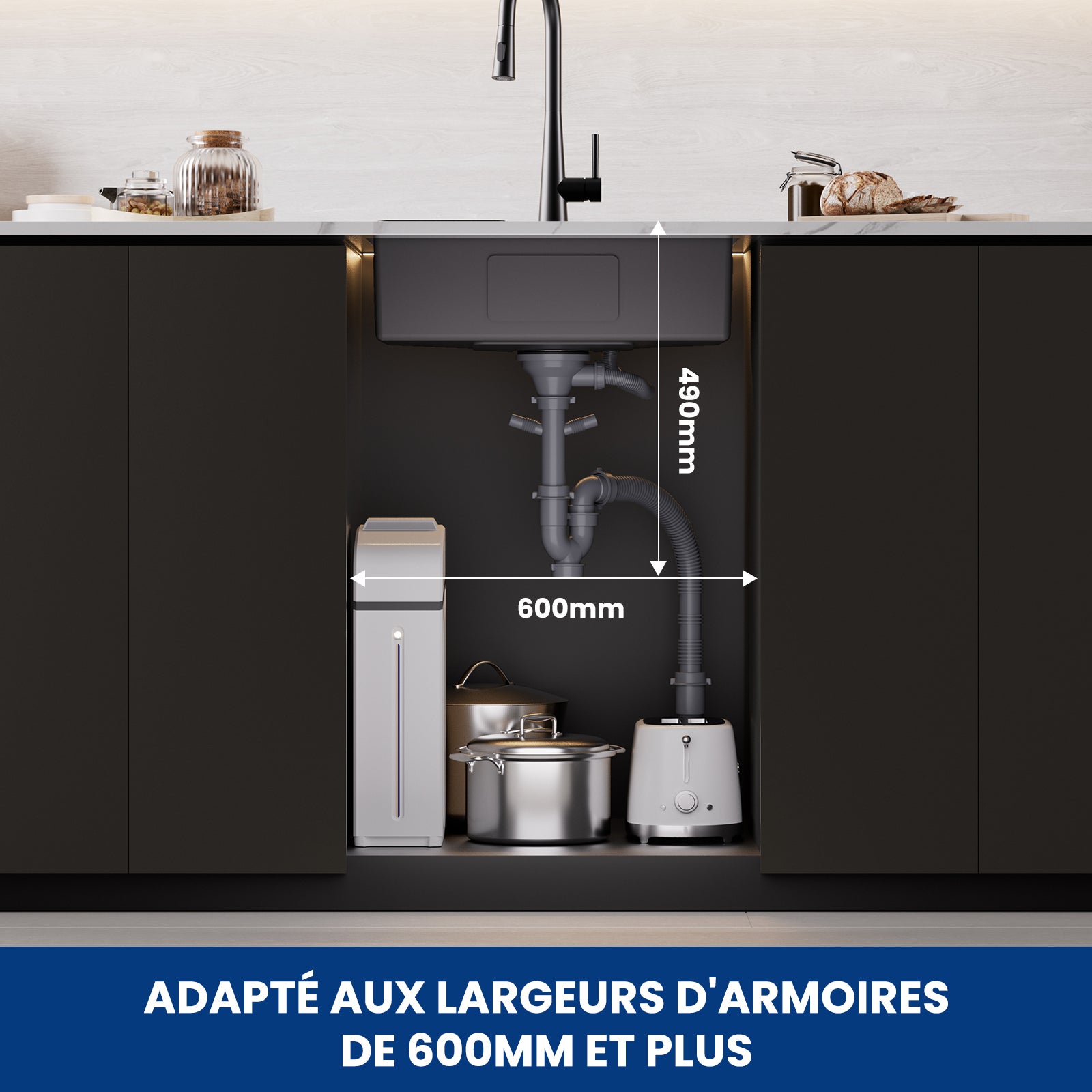 Évier Cuisine 60*45*18CM, Cuisine 1 Bac avec Panier de Drainage, Évier Inox Montage à Encastrer ou à Fleur, Noir anthracite - 9