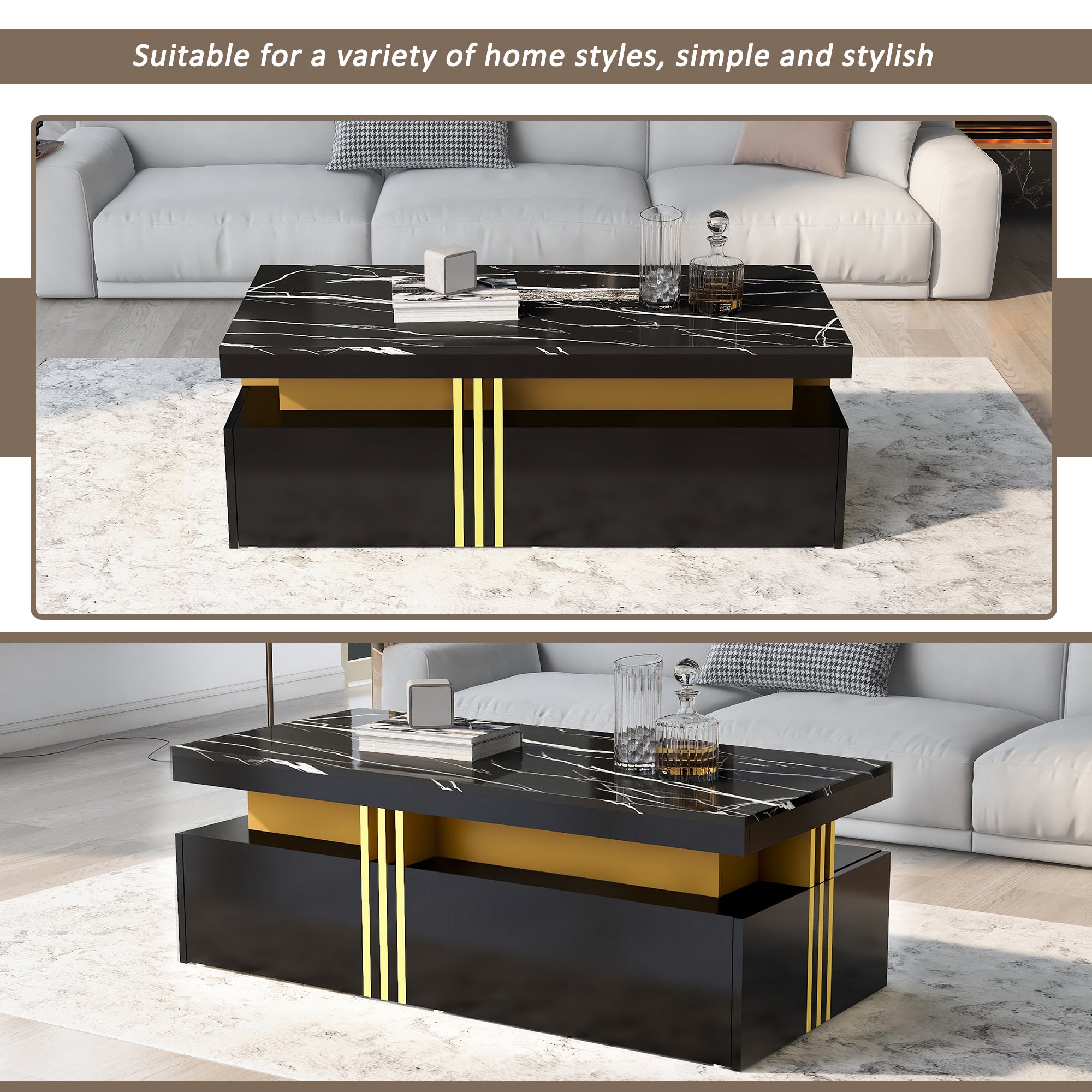 Table basse rectangulaire moderne avec plateau brillant avec 2 tiroirs en bois, plateau marbré, pour salon, 100x50x40 cm, noir - 8