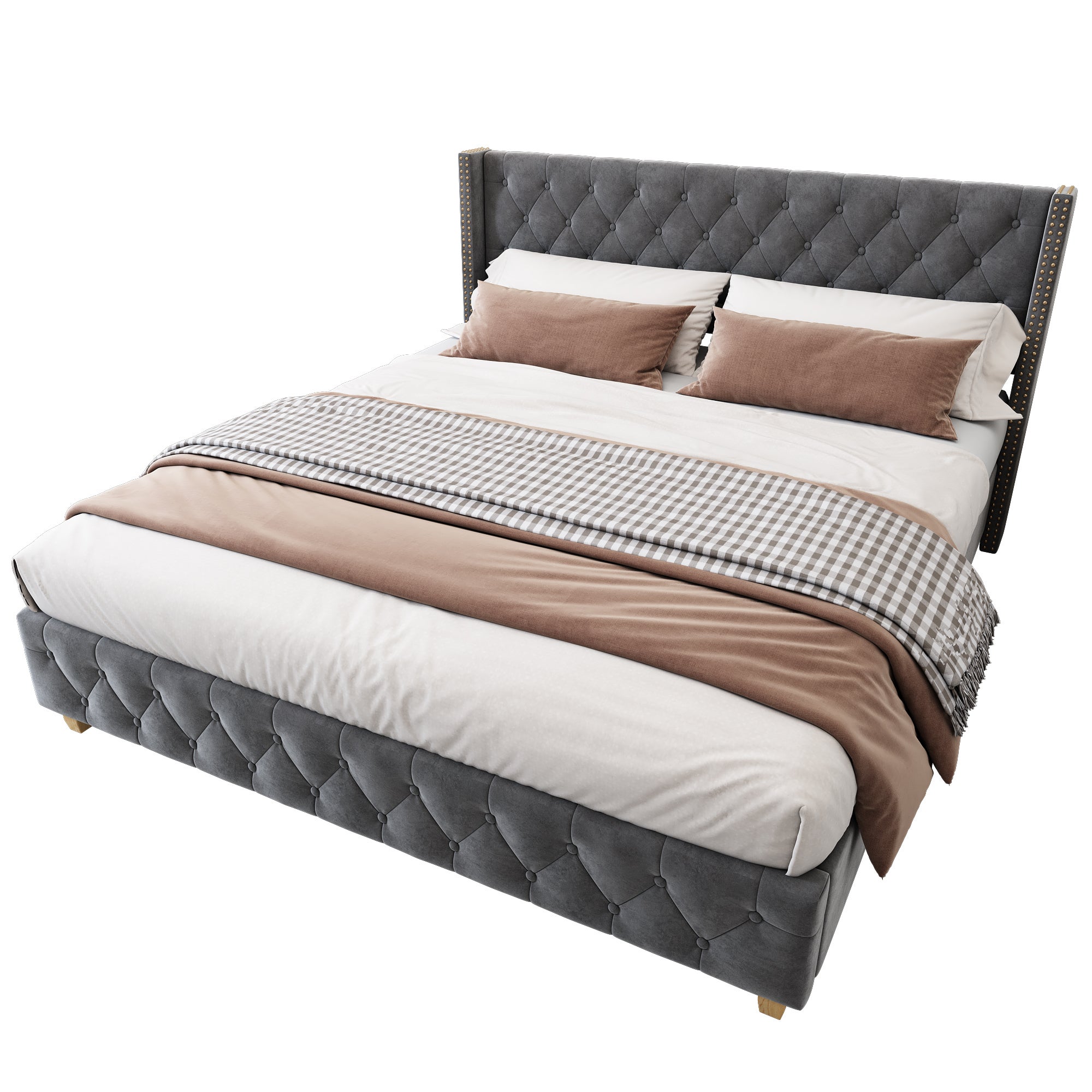 Lit Double 140x190 cm - Lit Classique Gris en Velours avec 12 Lattes - Sans Matelas, 2 Paquets - 7