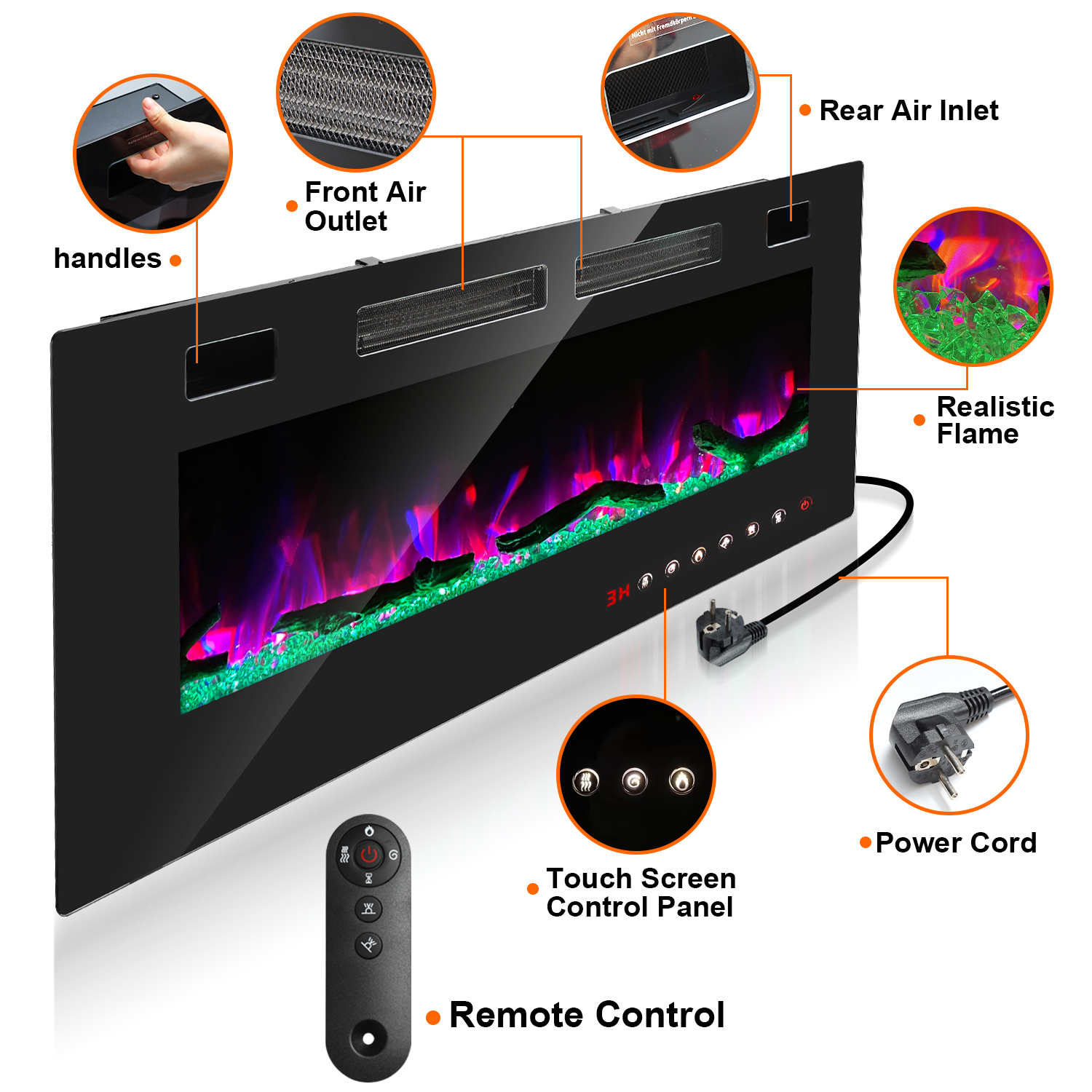 Cheminée Electrique Murale 750/1500W 12 Couleurs de Flamme LED avec Télécommande et Minuterie 1 à 8 Heures Foyer Noir - 5