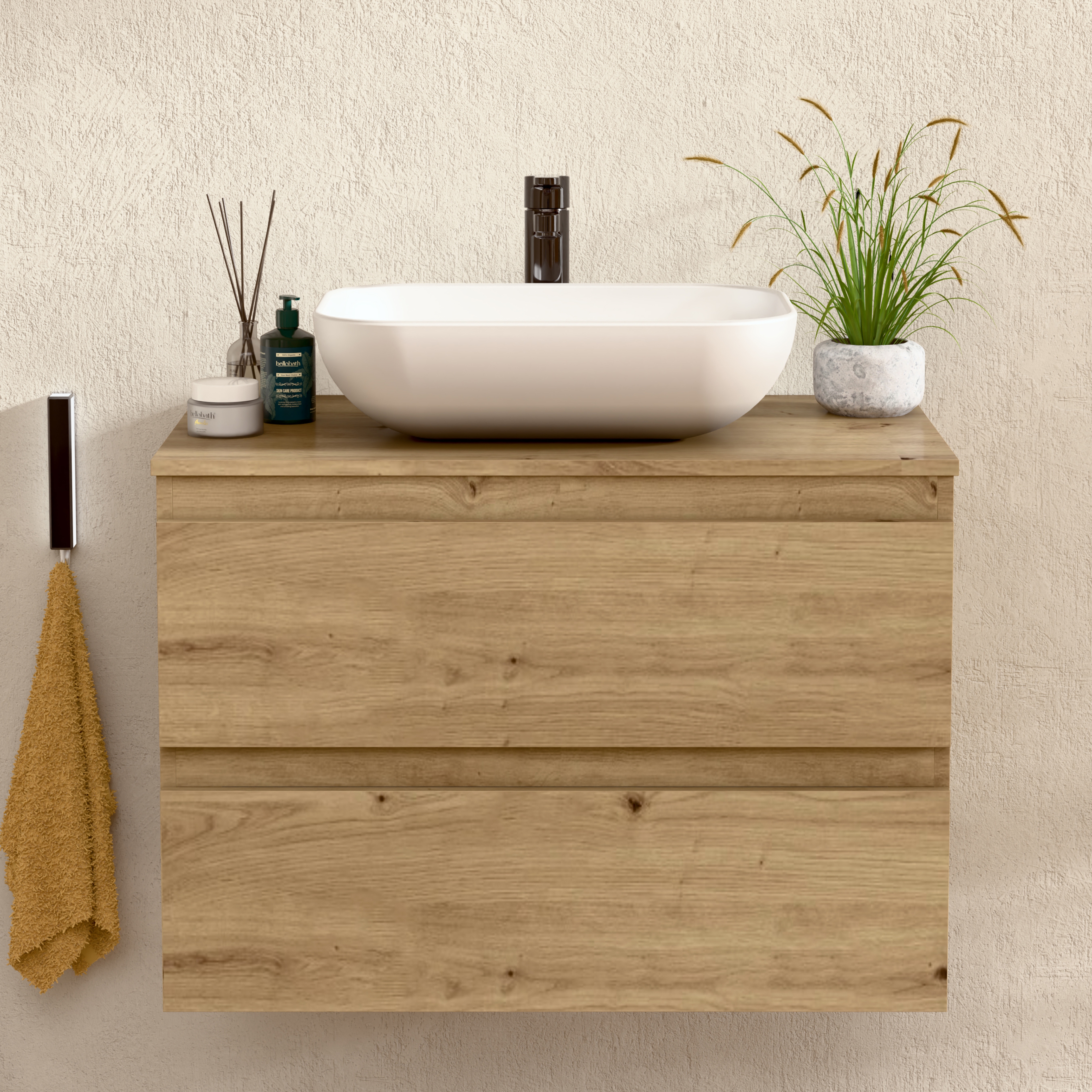 BELLOBATH - Meuble Salle de Bain avec Plan Vasque en Céramique, Meuble Monté avec 2 Tiroirs, 60 x 55 x 46 cm, Meuble Chêne - 2