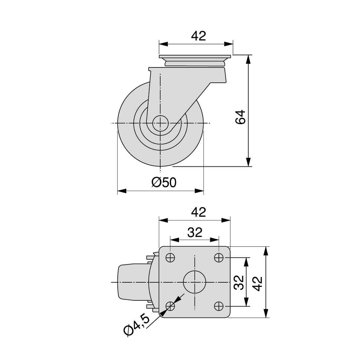 Emuca Lot de 4 roulettes Slip avec plétine de montage, diamètre 50mm, Acier et Plastique, Gris Plastique - 4