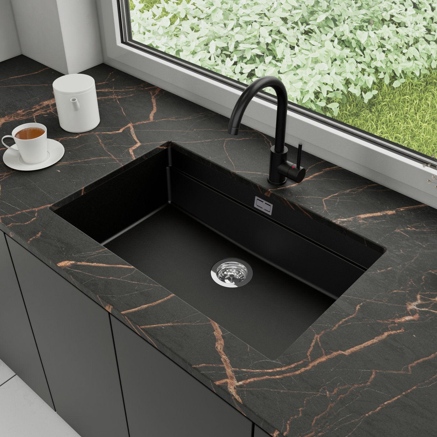 Zlewozmywak podblatowy 76x47cm, do szafki od 80cm + Bateria + Syfon - Coral Czarny STONESTYLE