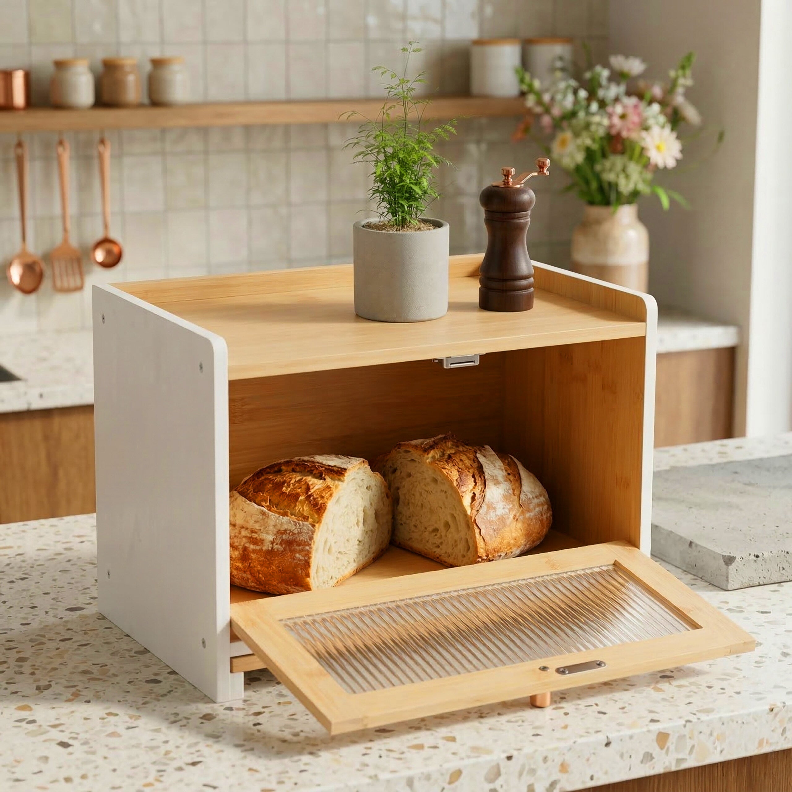 Panera de bambú con tabla de cortar y bandeja, ventilación y ventana, 26 x 40 x 25 cm, color natural, relaxdays - 3