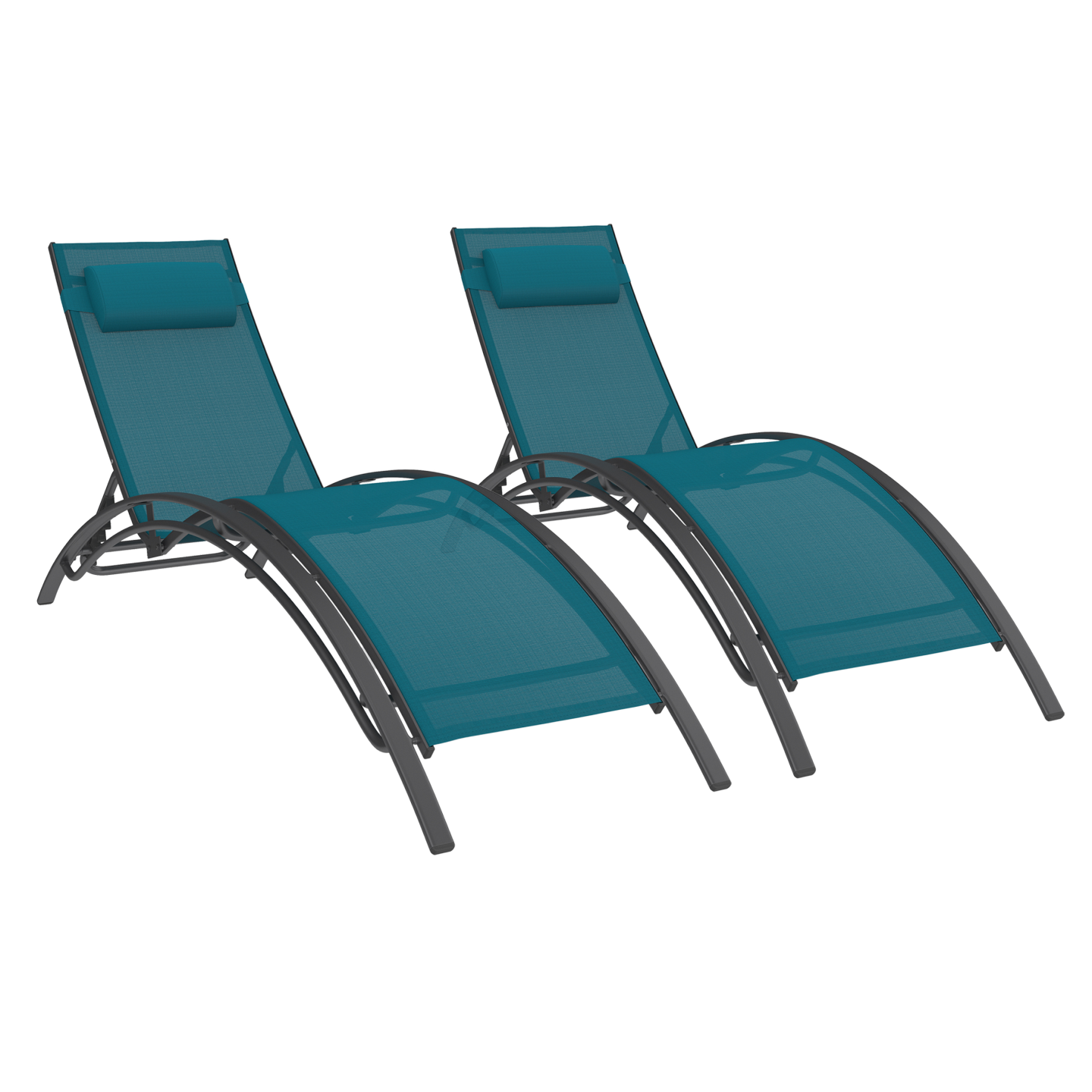 Lot de 2 transats de jardin inclinables en acier HAVANE gris anthracite et toile bleu canard avec coussin - 2