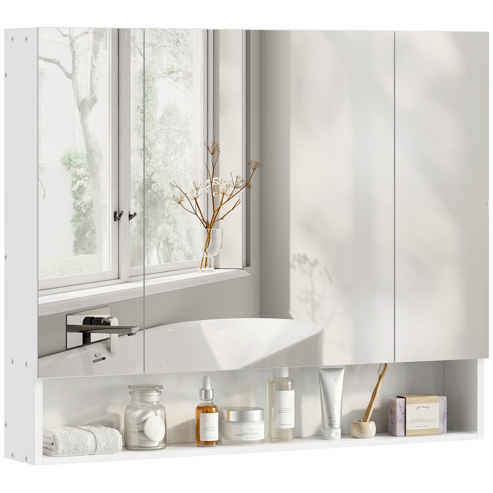 Mueble de baño de pared con espejo, tocador con espejo de 3 puertas, estantes ajustables, 90x15x75cm, blanco