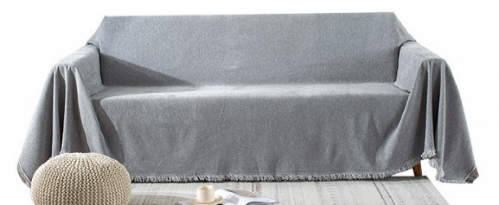 VanderHOME Housse De Canapé Chenille Réversible Ultra Douce Avec Glands – 180x230 Cm Gris Clair – Protection Élégante Et Confortable