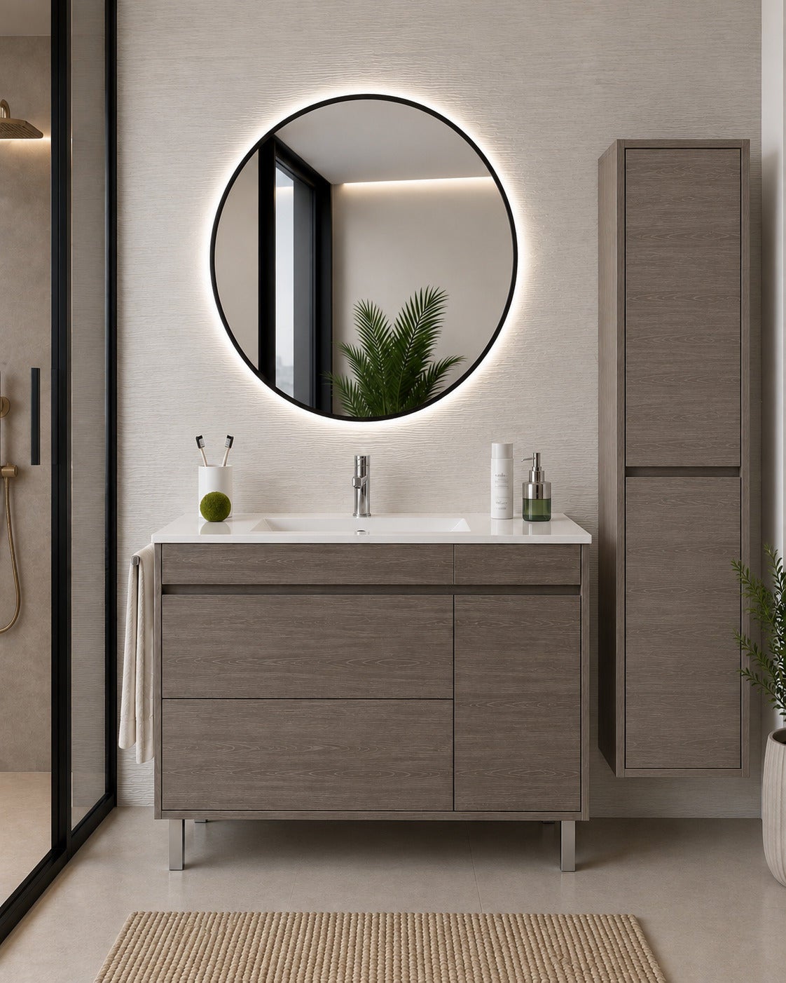 Mobilier de baie cu lavoar ORIGENBATH CAPRERA fără oglindă 50x40 cm stejar smoky cu coloană