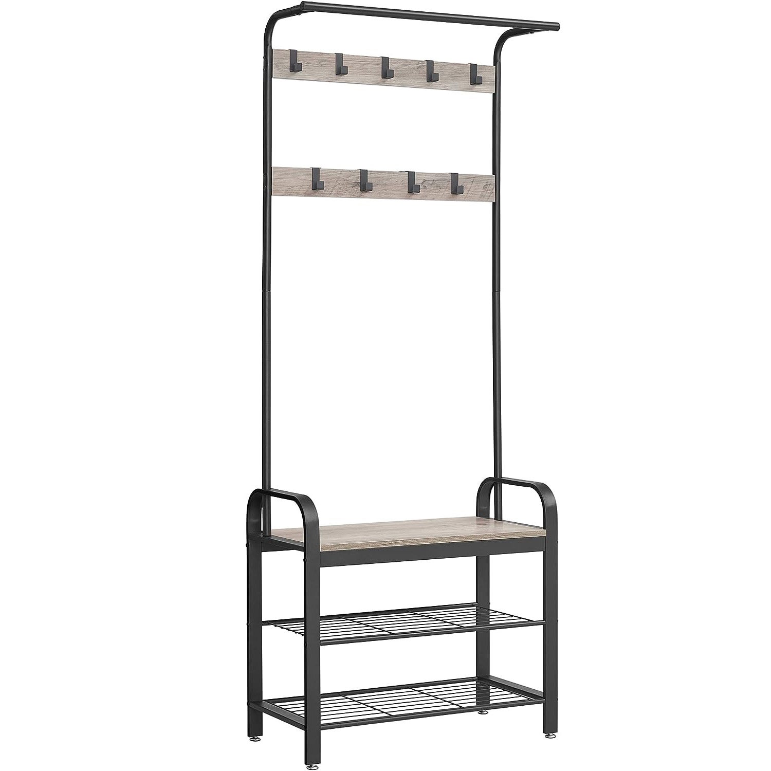 Cuier pentru haine cu banca de depozitare pantofi, cu 9 carlige si sina pentru haine, 34x72x183 cm, gri si negru