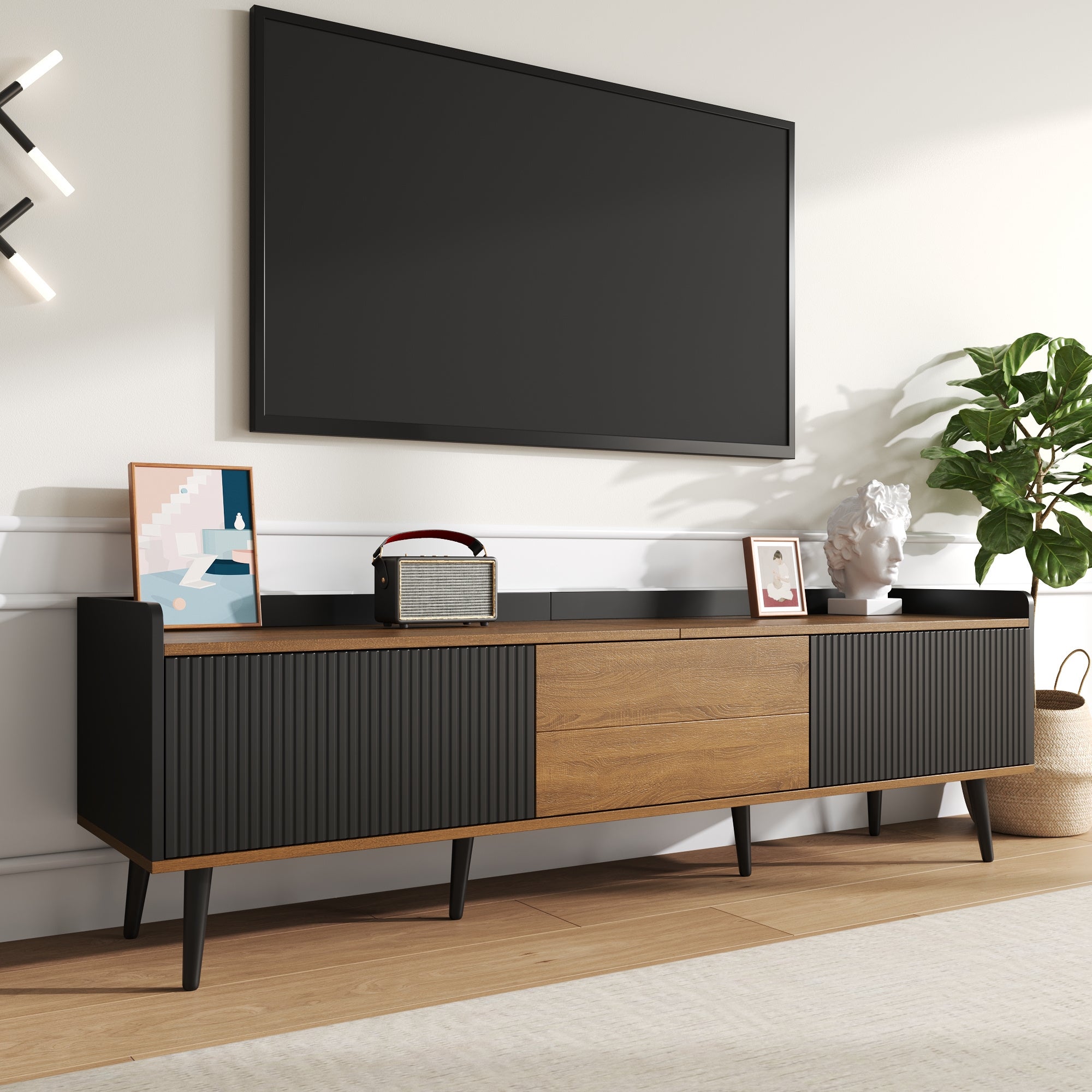 Meuble TV, meuble bas trois portes. Construction compacte. Finitions noir et bois naturel, 49.5*160* 39cm - 8