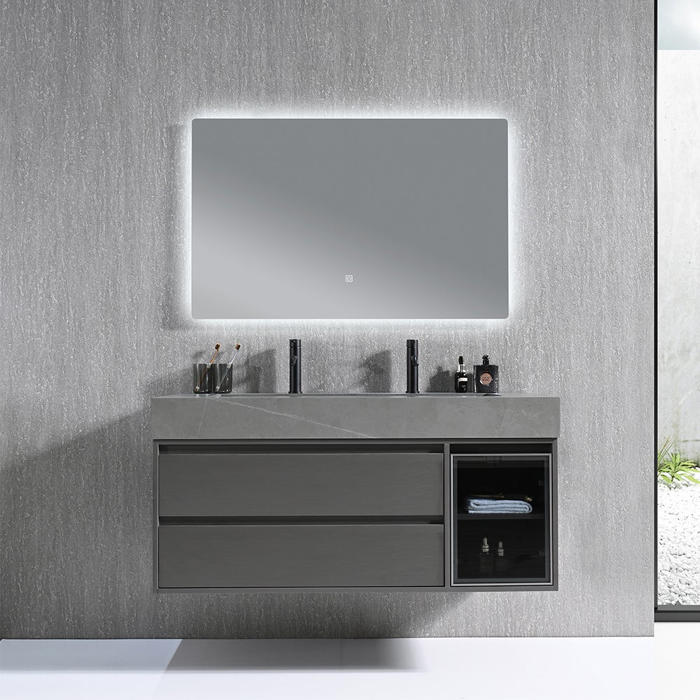 Meuble salle de bain double vasque 120cm gris et effet marbre gris avec miroir LED LB-8512G-120 - 2