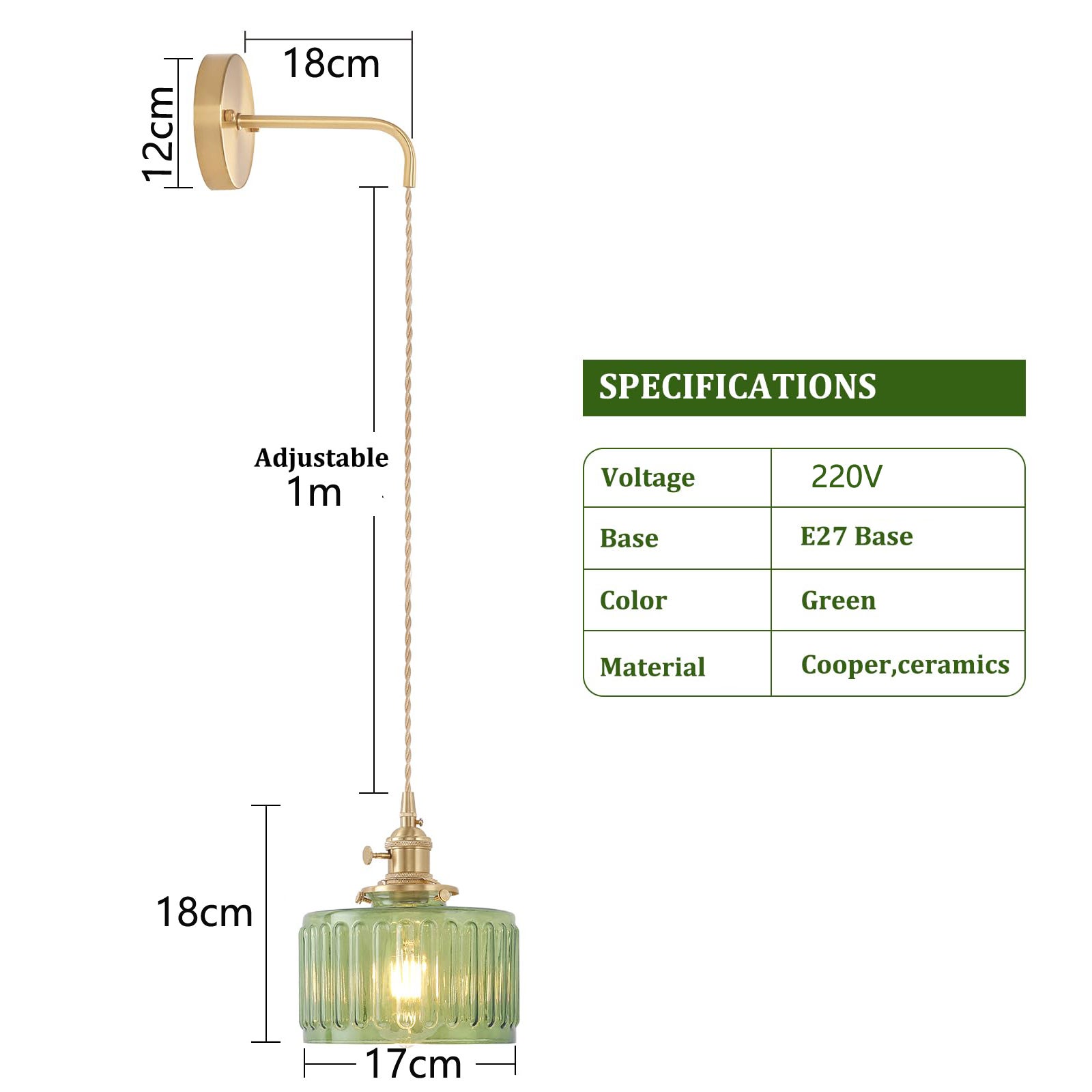Applique murale à rayures vertes - Chaîne réglable, idéale pour le salon et l'entrée, décoration vintage, lumière chaude - 2