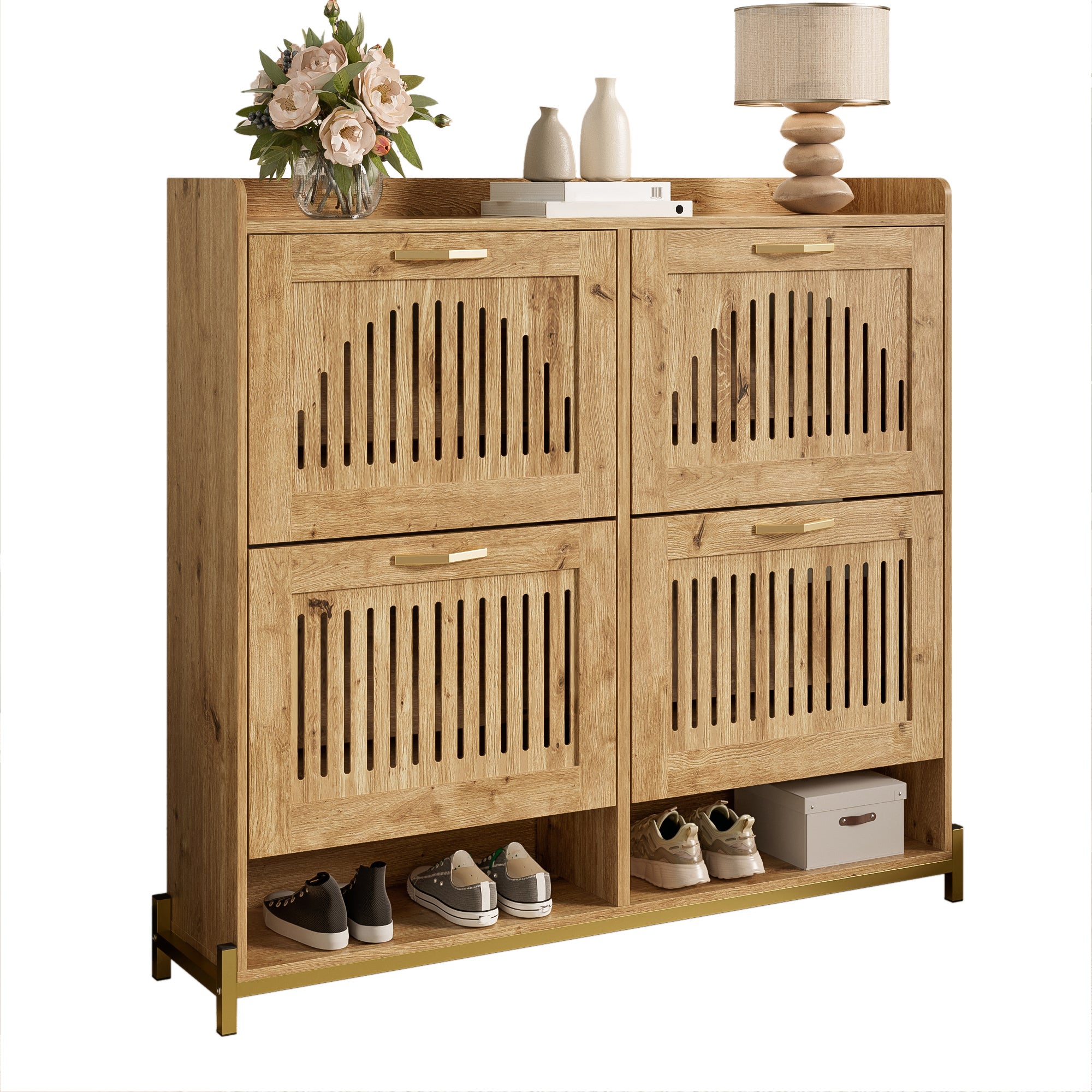 Szafa na buty 108.5x24x100 cm - 4 fronty - Konstrukcja metalowa - Górna półka - MDF - Kolor naturalny - 6