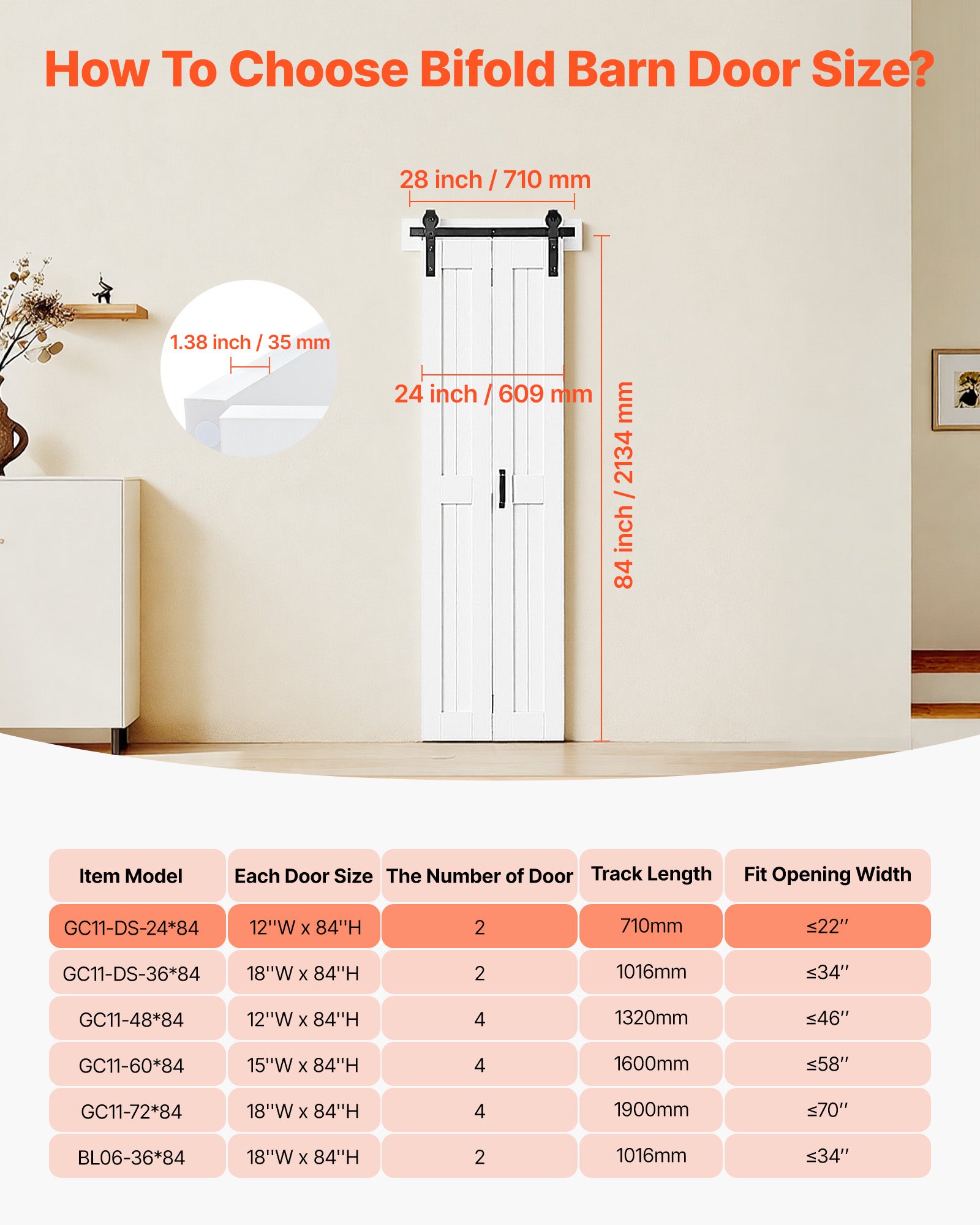 Porta scorrevole interna VEVOR 60,9x213,4 cm, per divisorio, camera da letto, soggiorno, armadio, compatta, telaio a H, montaggio richiesto, bianca - 7
