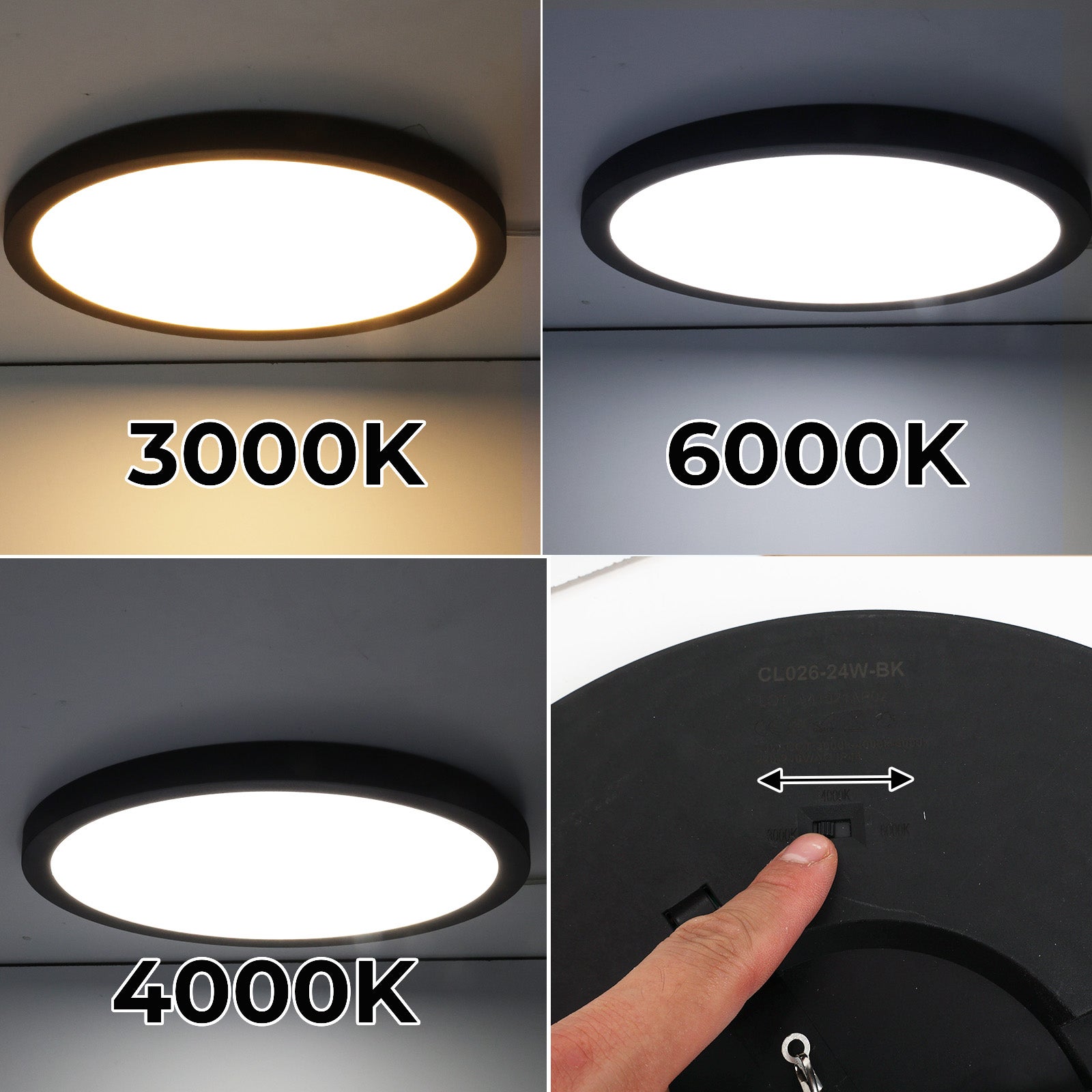 Plafón LED Circular Ø300 mm 24W IP44 empotrable/superficie negro, CCT 3000K-4000K-6000K, corte ajustable Ø65-270 mm, diseño ultrafino 17 mm. - 2