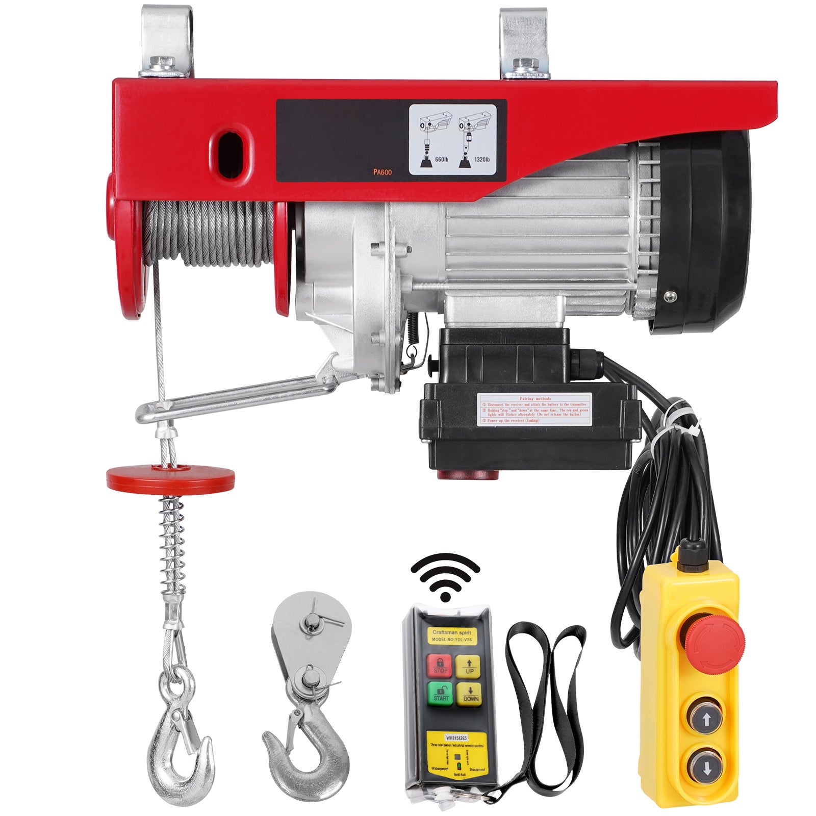 O guincho elétrico,SucceBuy com capacidade de elevação de 1320 libras,é um guincho elétrico de 230 V. Vem com um controle remoto sem fio - 3