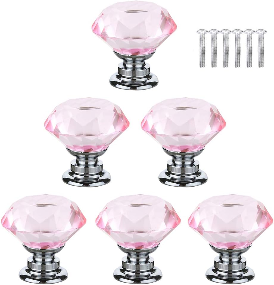 6 szt. (3*3*2,8 cm) kryształowych klamek do drzwi w kolorze różowym, diamentowych uchwytów meblowych, uchwytów do szafek, dekoracyjnych uchwytów