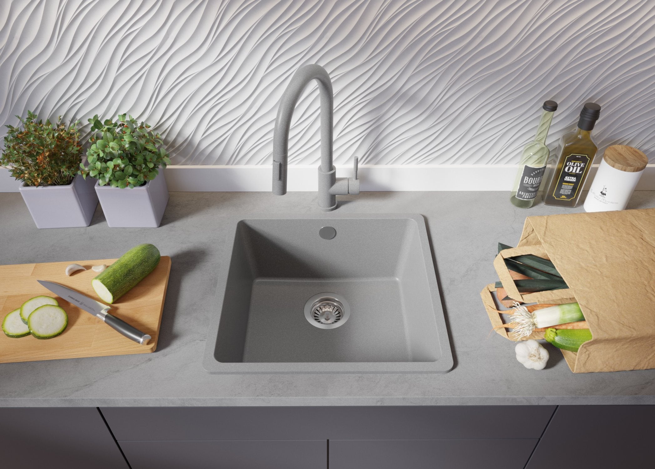Evier Cuisine en Granit Gris 46x44cm, Lavabo 1 bac + Kit de Vidage, Évier à Encastrer au meuble 50cm - Venise Slim Easy PRIMAGRAN - 3