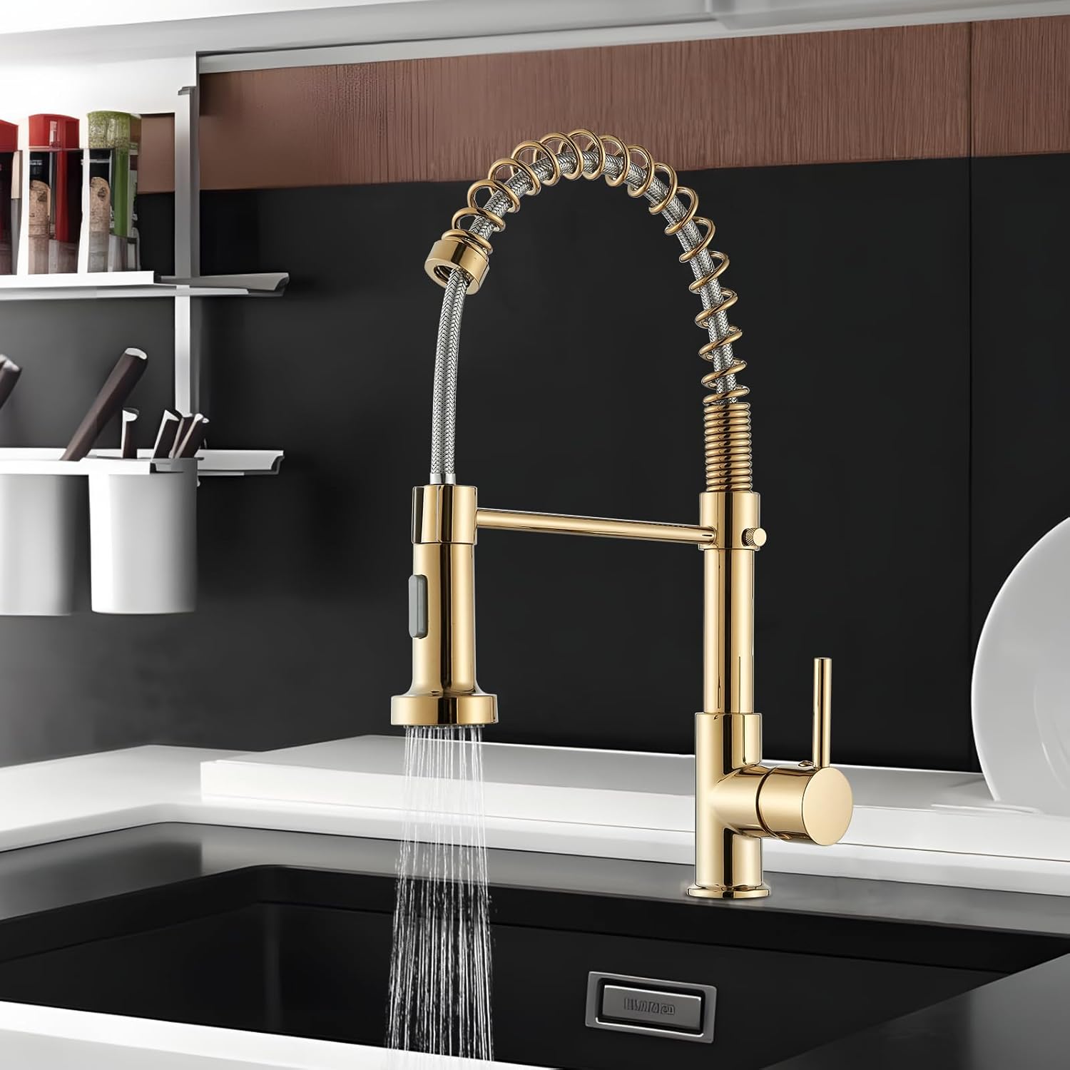 Złoty kran kuchenny, obrotowy kran mieszający 360°, kran zlewozmywakowy, wyciągana wylewka prysznicowa
