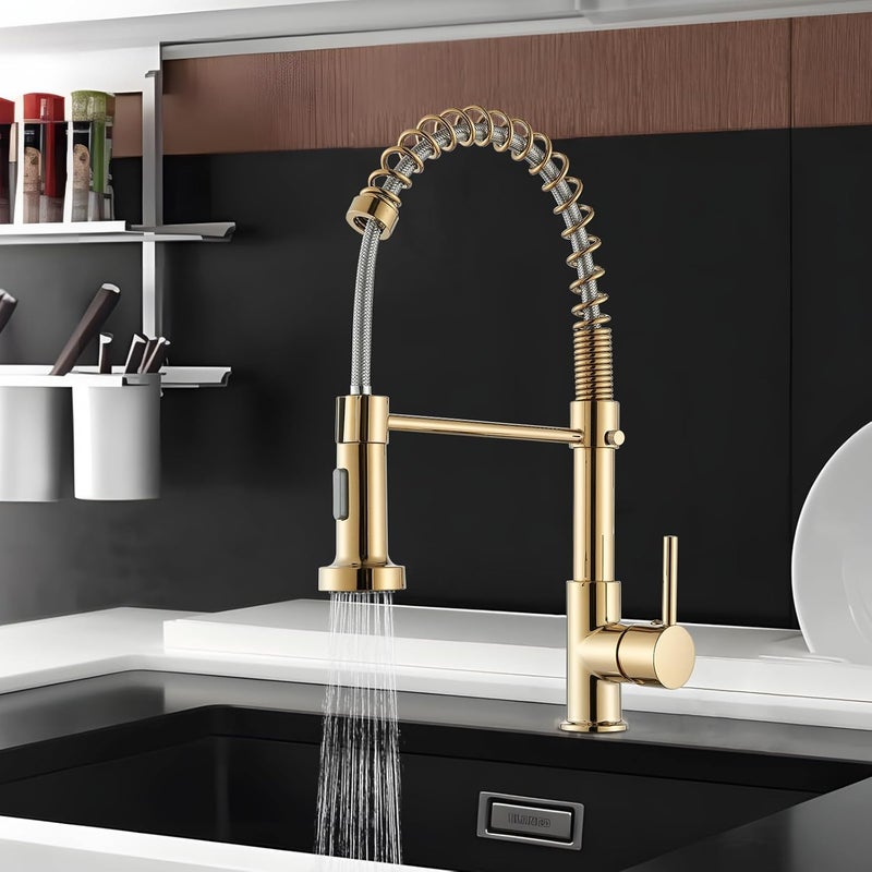 Złoty kran kuchenny, obrotowy kran mieszający 360°, kran zlewozmywakowy, wyciągana wylewka prysznicowa
