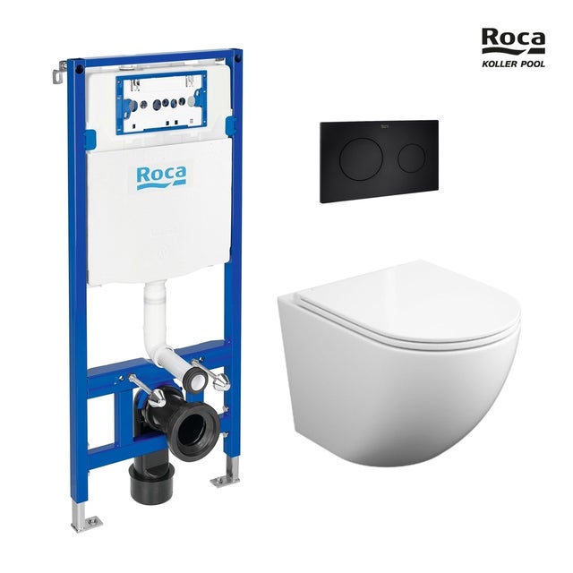 Pack Bastidor ROCA Duplo One com Autoclismo de Encastrar, Placa PL10 Preta Mate e Sanita Suspensa Round Smart 52 cm Branco Brilhante Soft-Close
