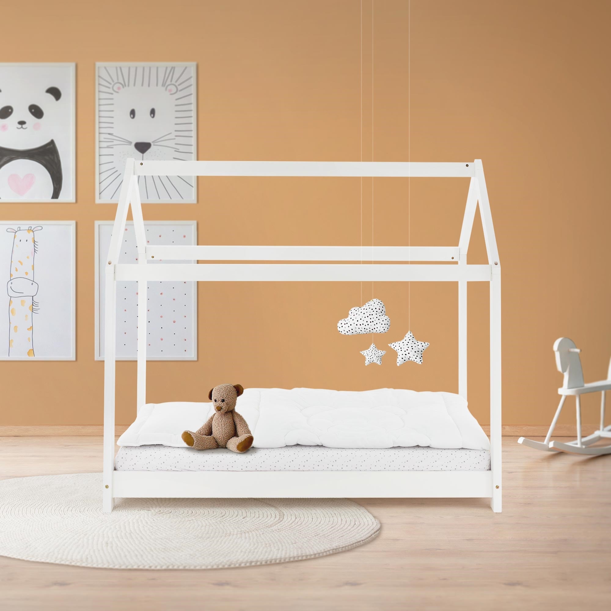 ML-Design łóżko domek z dachem 70x140 cm biały z materacem i ramą z listew z drewna sosnowego stabilne łóżko domowe dla dziewczynek i chłopców