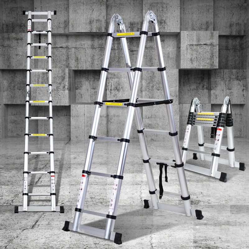 Drabina teleskopowa aluminiowa srebrna 1,9 m + 1,9 m, rozkładana, wielofunkcyjna, o udźwigu do 150 kg