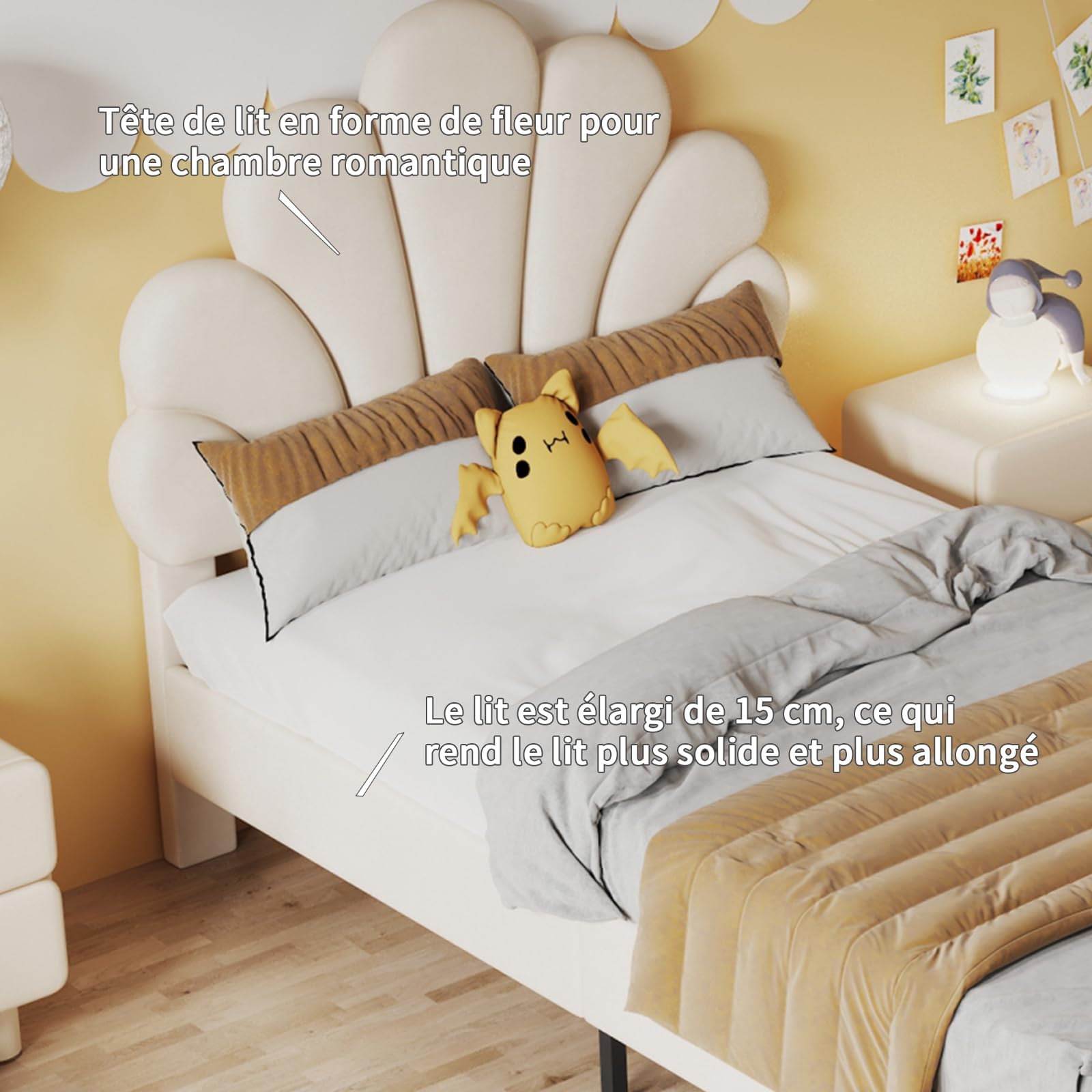 Cama individual 90x200 cm de terciopelo, cabecero en forma de flor, somier de láminas, cama infantil acolchada estilo escandinavo beige - 6