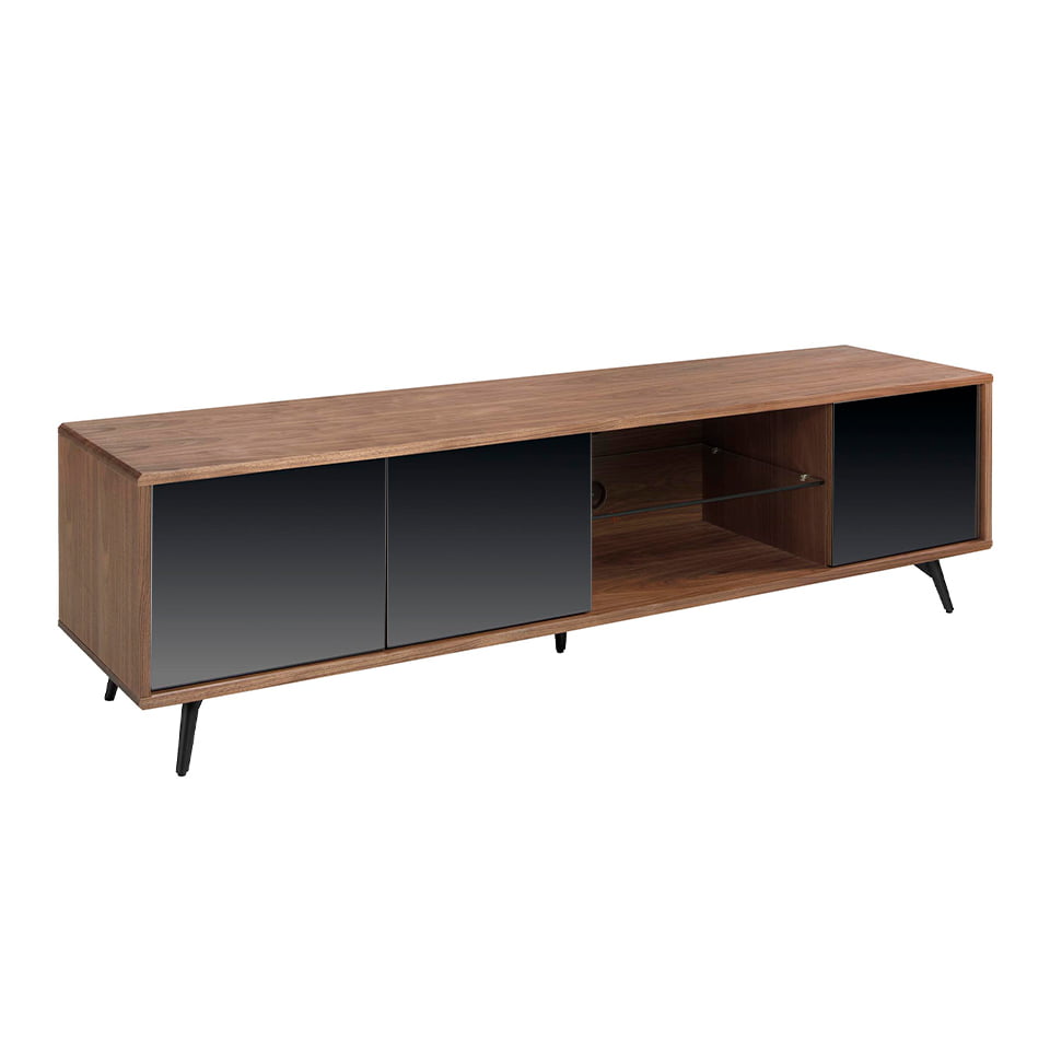 Szafka pod telewizor z czarnego szkła z efektem lustra, orzecha włoskiego i czarnej stali 180 x 45 x 50 cm