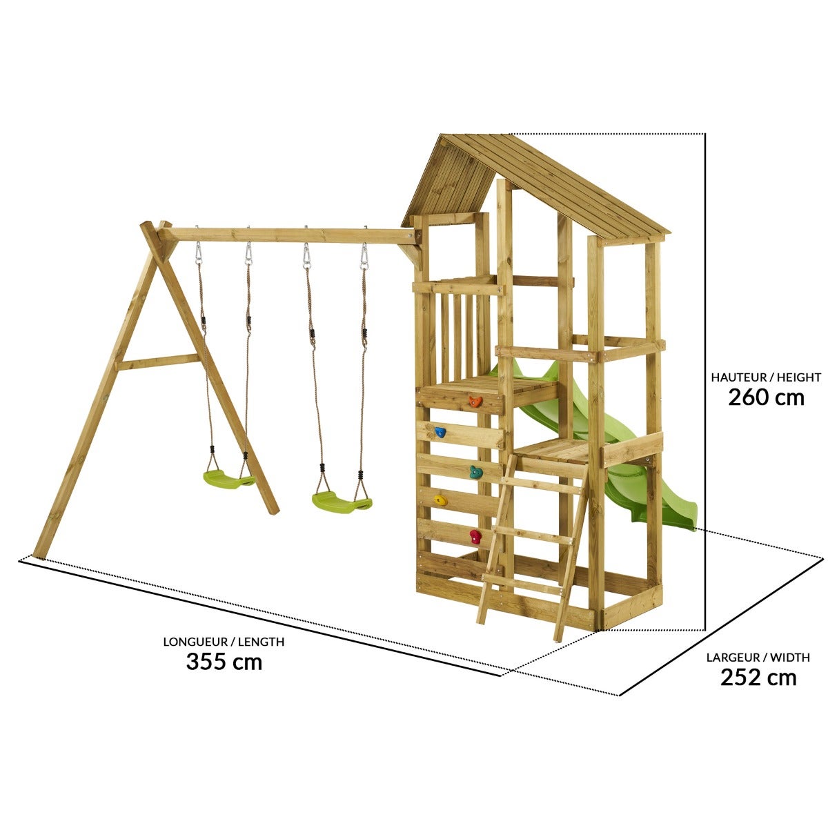 Kangui - Tour de jeux en bois avec double plateformes WOUPI - 2 Balançoires, mur d'escalade et cabane - 4