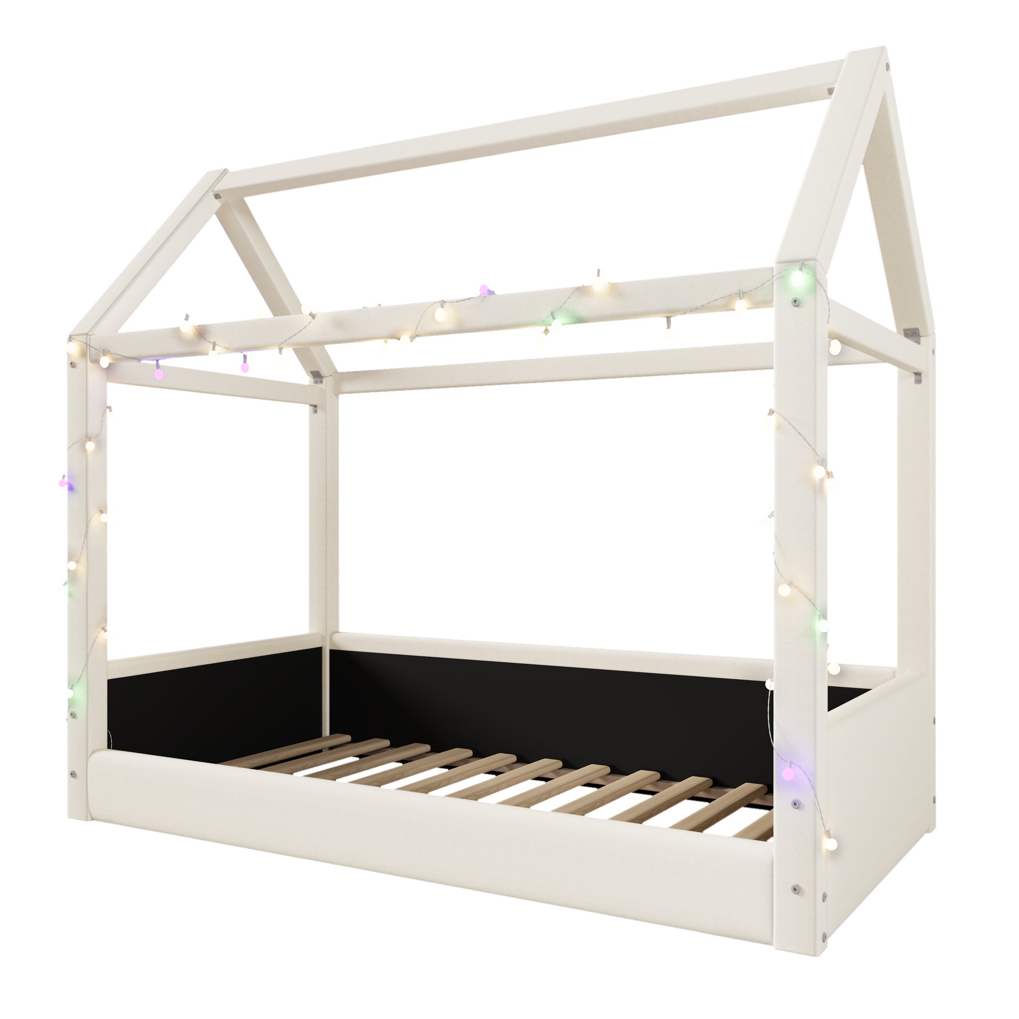 Lit cabane enfant 90x200cm,Lit au sol Montessori en bois,bandes lumineuses LED, sommier à lattes inclus,barrières de sécurité,Beige - 6