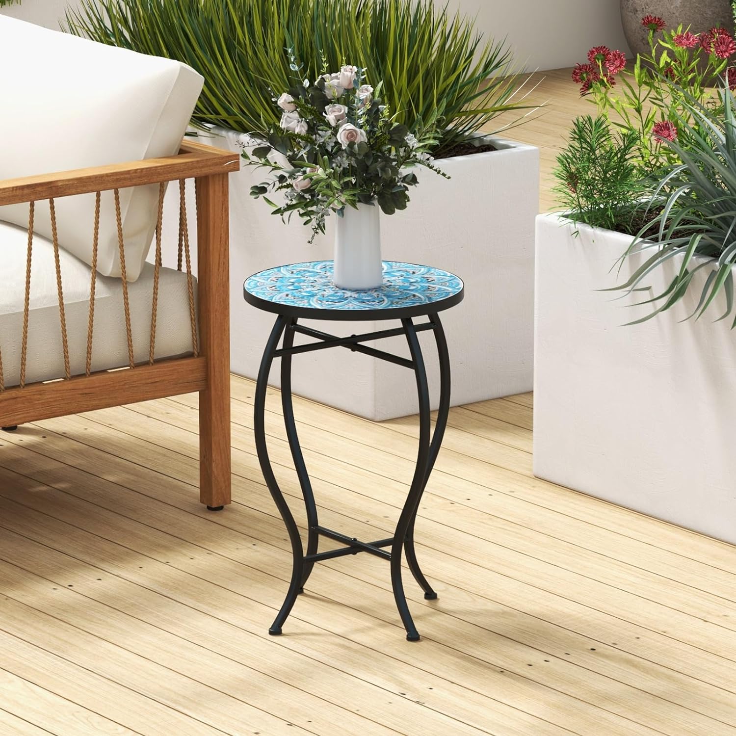 Table d’Appoint Exterieur Jardin en Mosaïque, Table Bistro Ronde en Carreaux , Table Basse (Bleu) - 2