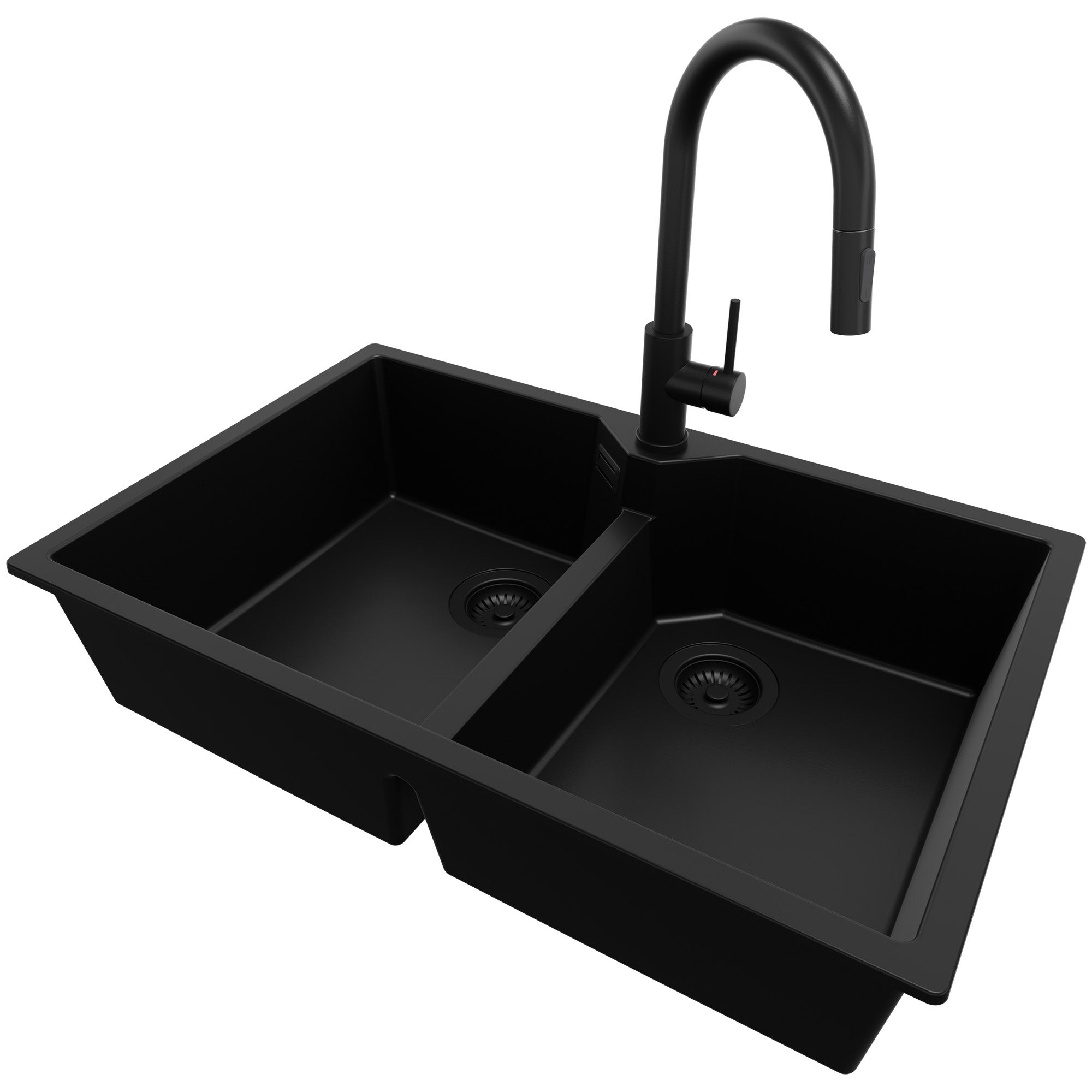 Zlewozmywak Granitowy Cały Czarny 78x50cm, Zlew Kuchenny 2 Komorowy + Bateria 40x20cm + Syfon, Nablatowy do szafki od 80cm - Madryt Twin PRIMAGRAN