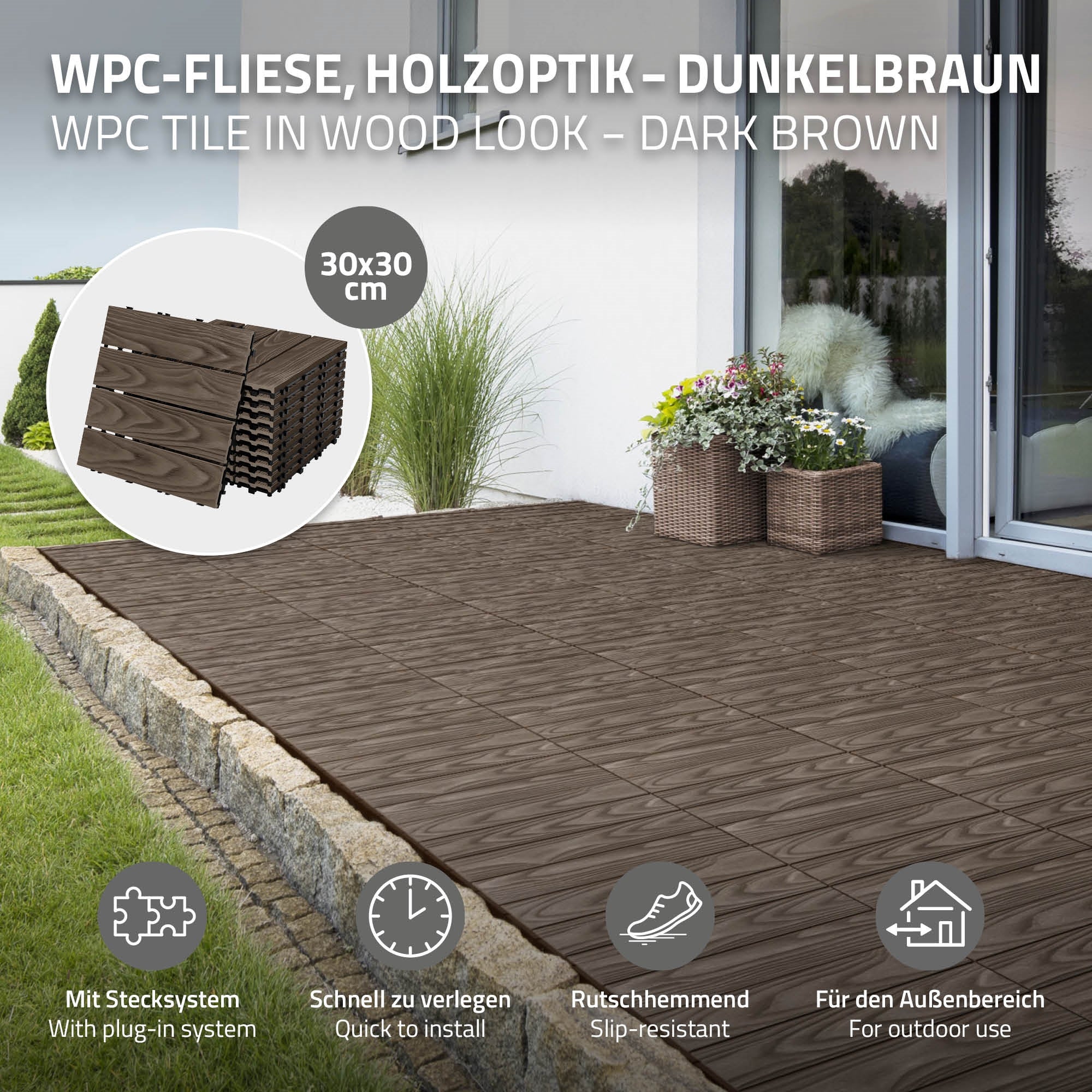 ECD Germany plytki tarasowe wpc 30x30 cm 22 sztuk 2m² kwadratowy ciemnobrazowe panele podłogowe klik odpływ wodny balkon taras ogród patio weranda - 2