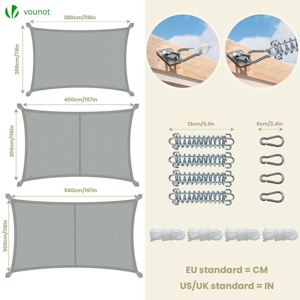 Voile d'ombrage Rectangulaire en Polyester Imperméable avec Kit de Montage 3x2m Gris VOUNOT® - 6