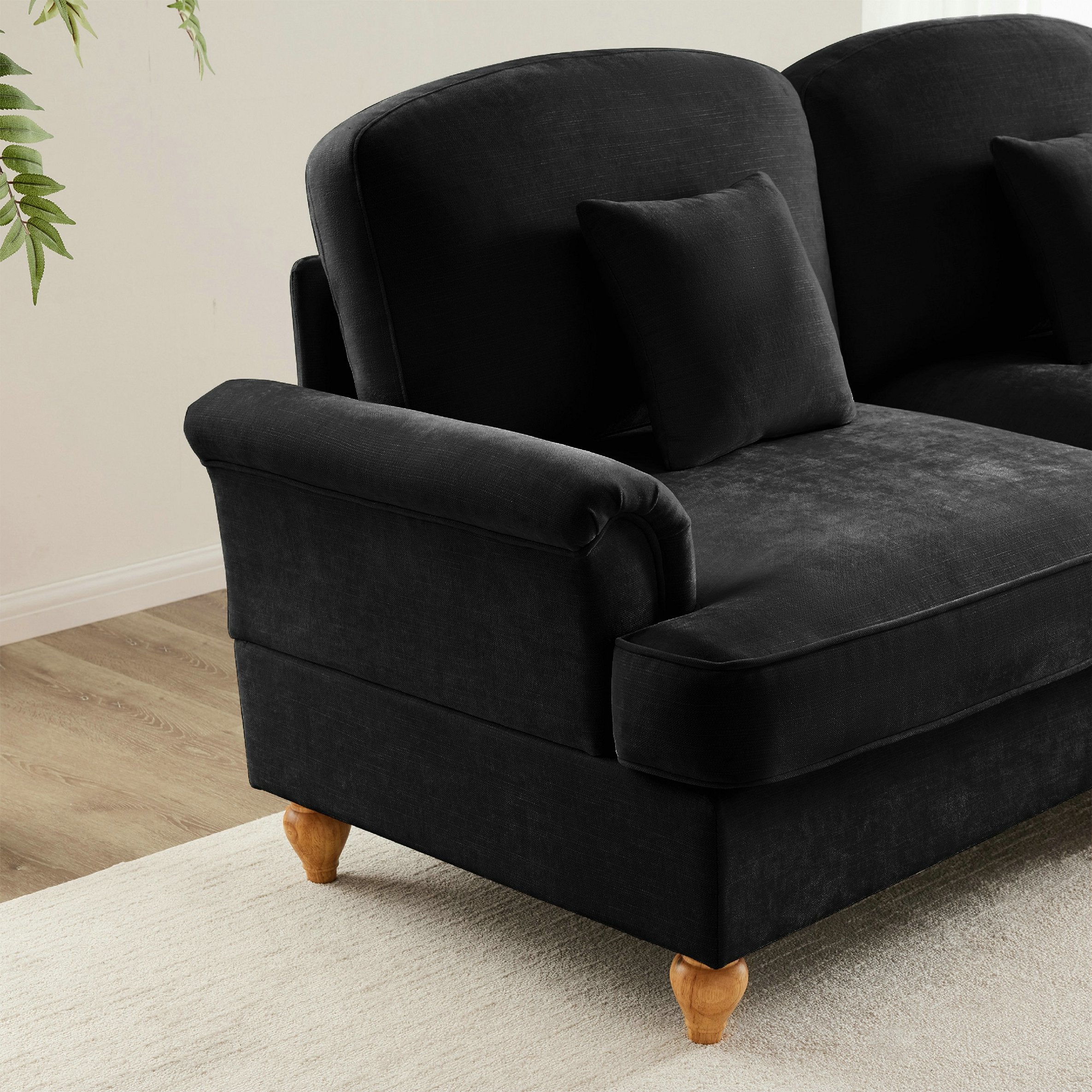 Canapé 3 places élégant style Mid-Century - avec accoudoirs évasés - jupe à volants amovible - en chenille confortable - noir - 3