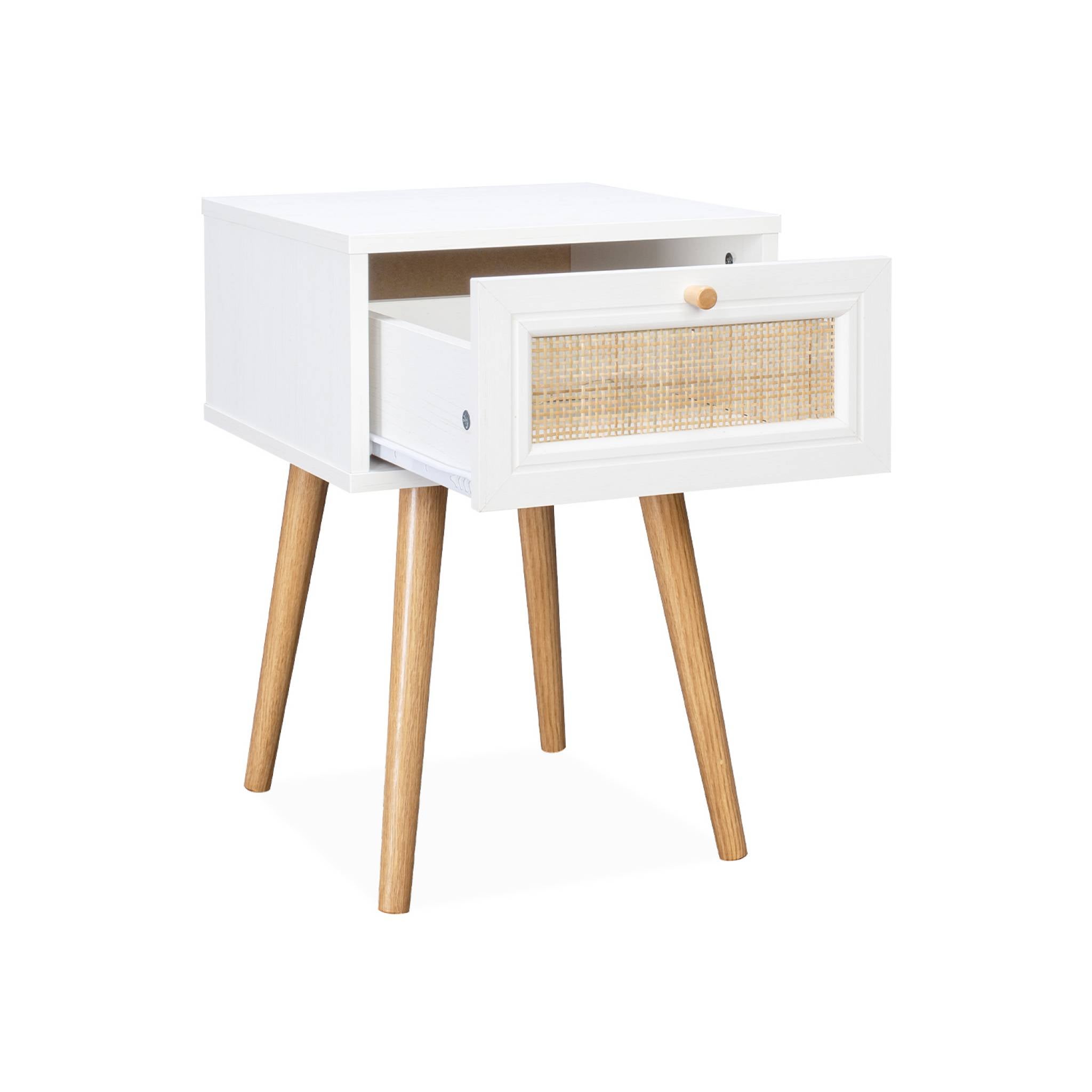 Mesita de noche de 1 cajón con efecto madera y caña, set de 2, Blanco roto - 7