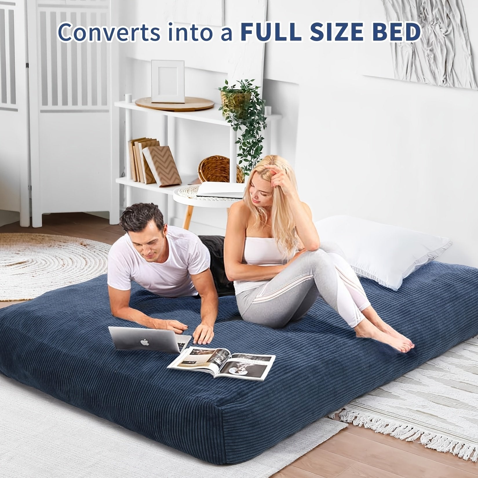 Pufe 2 em 1 conversível em veludo cotelê, sofá-cama lavável à máquina, colchão de chão acolchoado, 200 x 150 x 25 cm, azul - 5