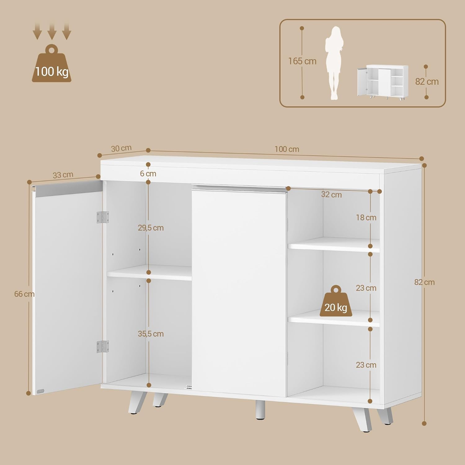 Mobile da Bagno, Armadio di stoccaggio, Mobile da cucina, con 3 Ripiani Aperti Regolabili e 2 ante, moderno, per Bagno, Soggiorno, Ingresso, Bianco - 9