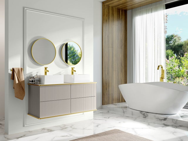 Meuble sous vasque suspendu strié liseré doré - Beige - 120 cm - KELIZA