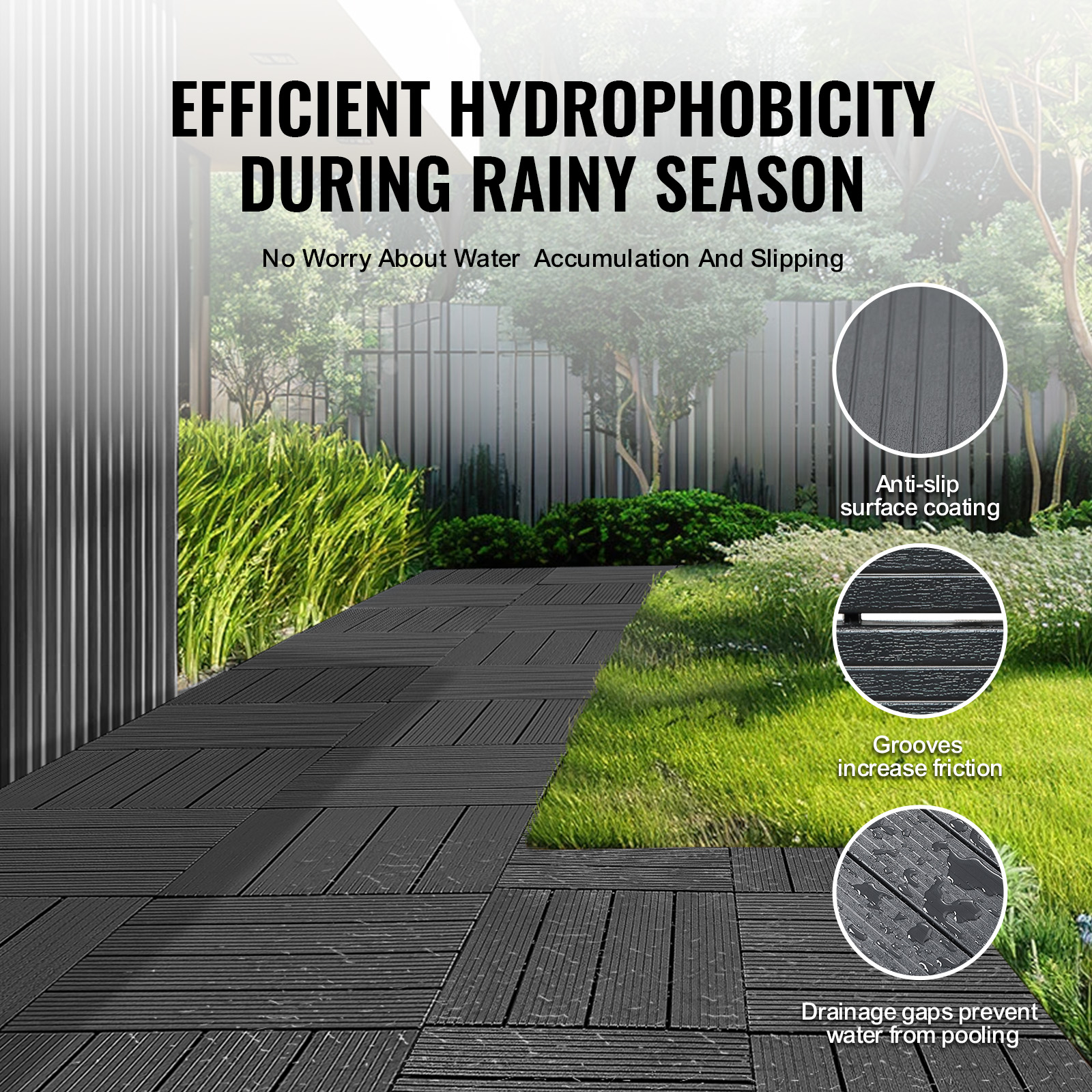 Dalles de Terrasse Emboîtables SucceBuy 30x30 cm Lot de 10 Revêtement Sol PP Antidérapant 0,9 m² Extérieur Balcon Piscine Gris Foncé - 6