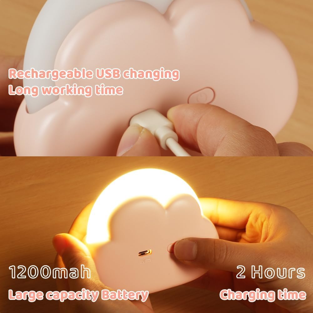 Lampka nocna w kształcie chmurki, lampka nocna dla dzieci, przenośna, ładowana przez USB, światło żółte i białe (różowe). - 4