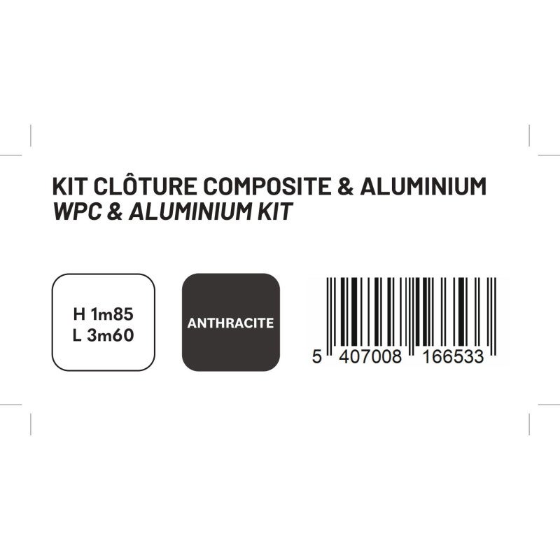 Kit clôture composite et aluminium à sceller H 1m80 L 3m60 gris anthracite avec renforts acier - Palissade - Brise vue - 4