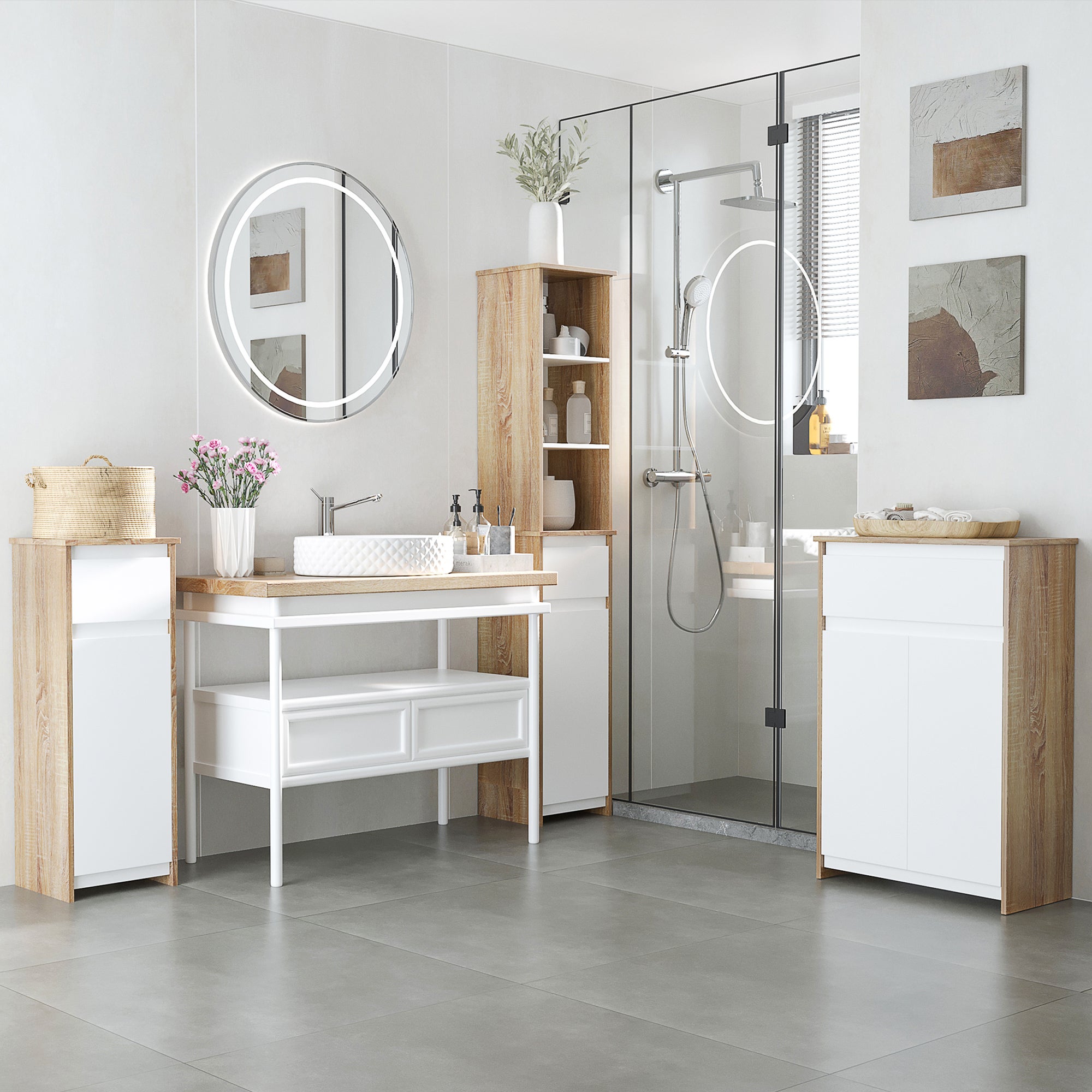 UTOKON Armoire de rangement multifonctionnelle blanche pour salle de bain avec 1 porte et 3 étagères, meuble de rangement autoportant, 20 x 25 x 79 cm (l x H x H