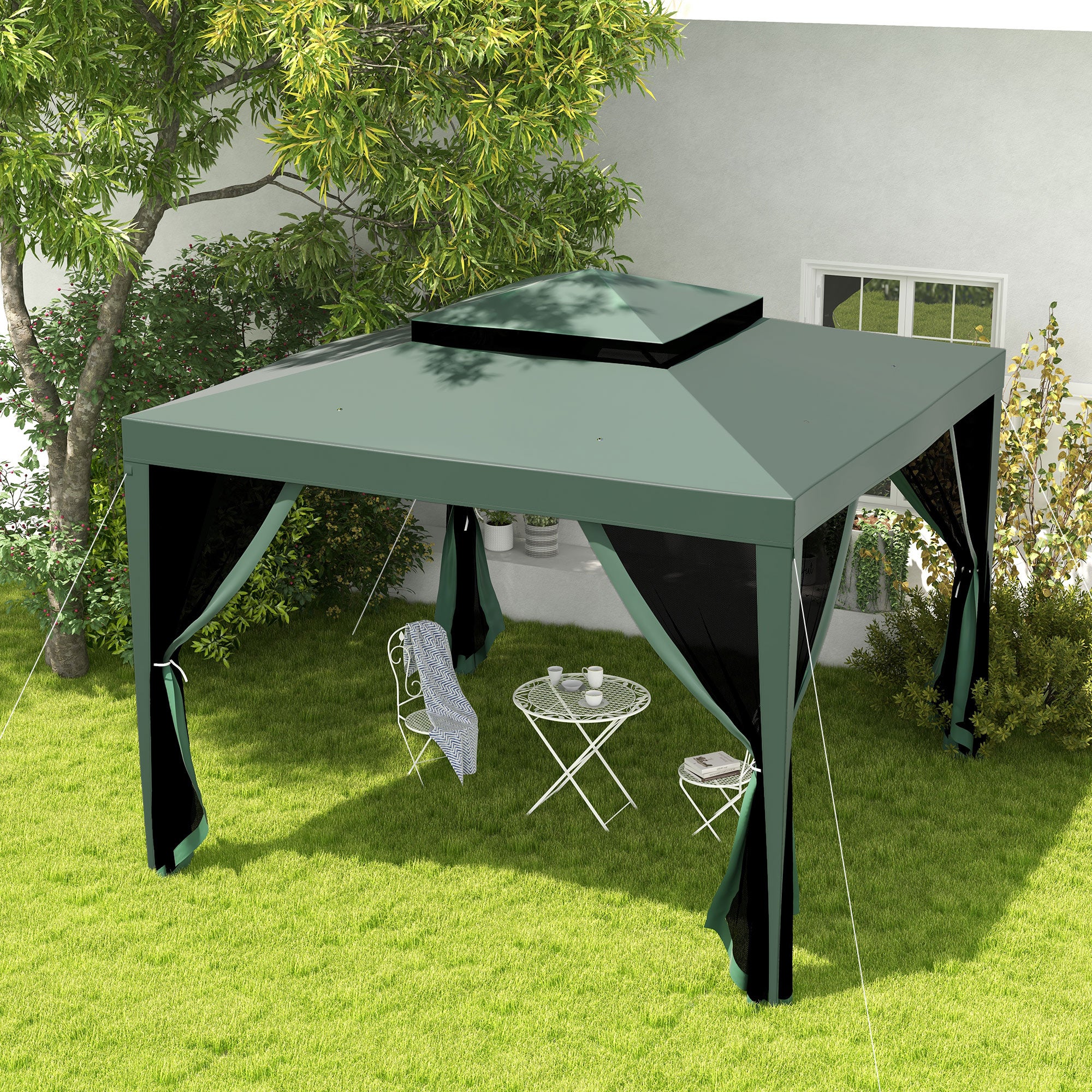 Carpa de jardín con 4 mosquiteras Outsunny 297x297x268 cm verde - 2