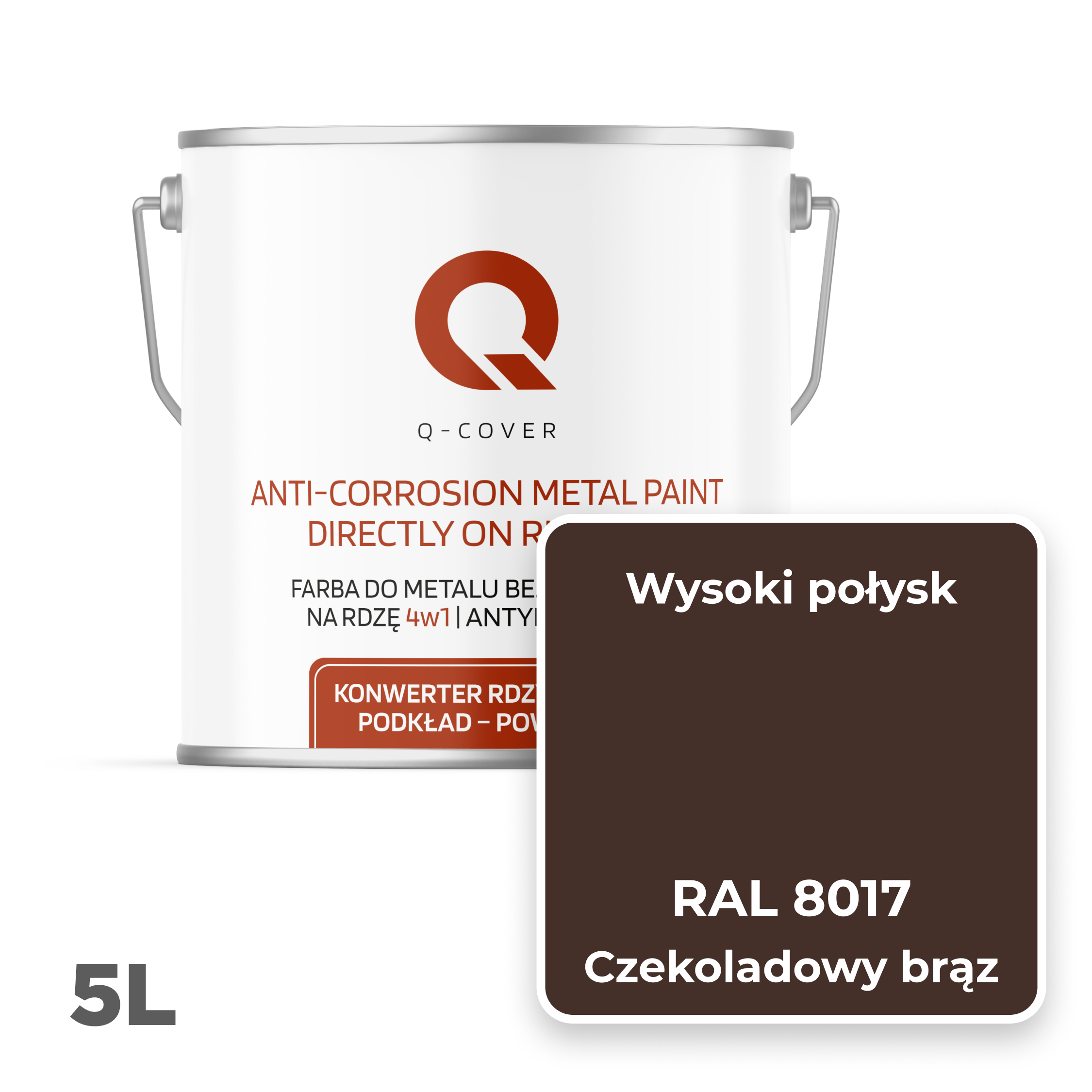 Farba do Metalu Prosto na Rdzę 4w1 Q-Cover Czekoladowy brąz RAL8017 Wysoki Połysk 5L - 2