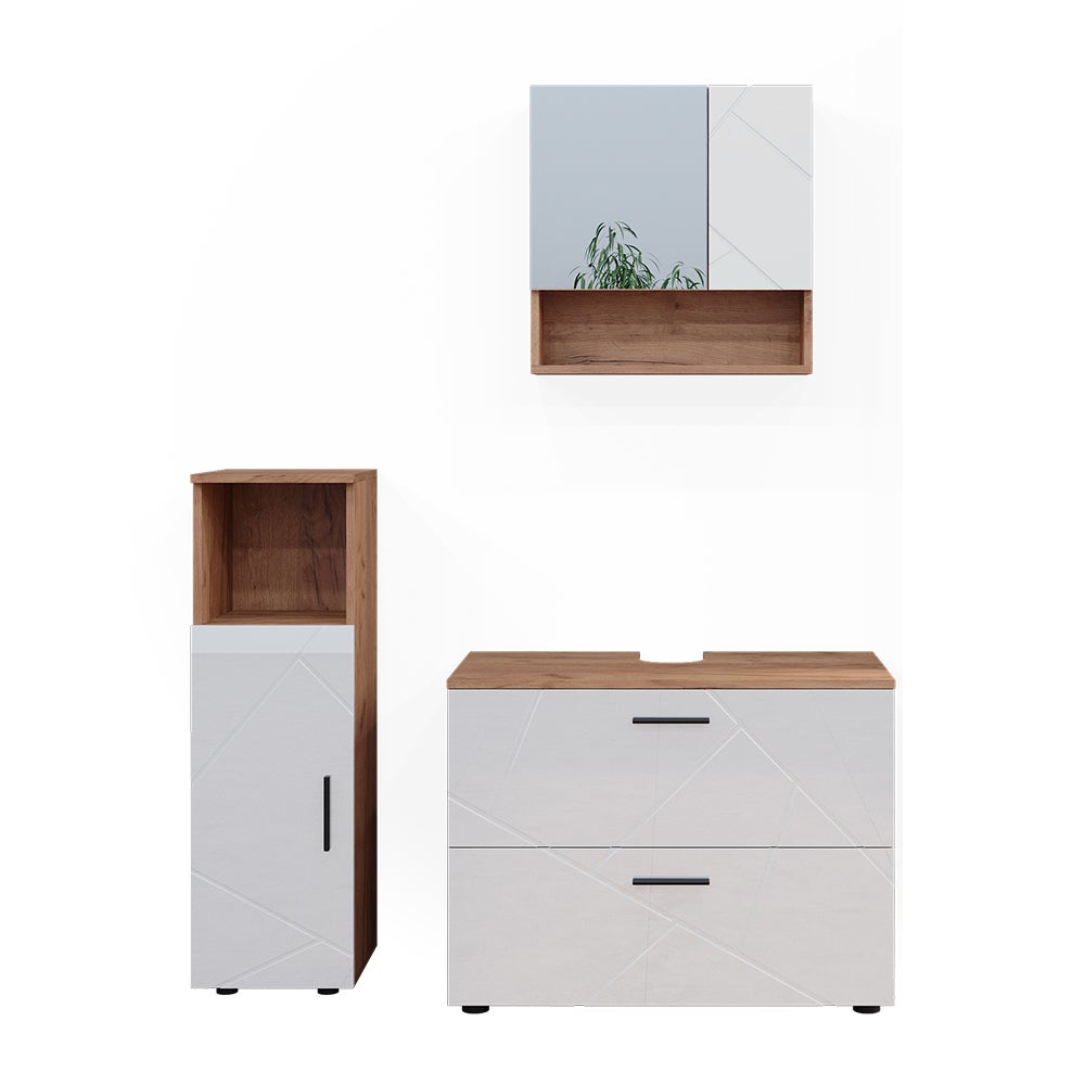 Vicco Zestaw mebli łazienkowych Irma, Biały wysoki połysk/złoty dąb power, 3 części, z szafką środkową