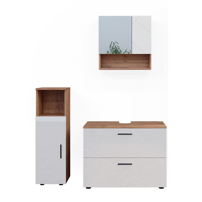 Vicco Zestaw mebli łazienkowych Irma, Biały wysoki połysk/złoty dąb power, 3 części, z szafką środkową