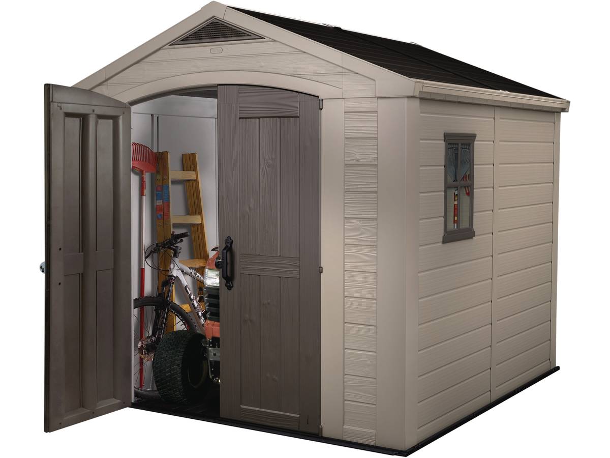 Szopa ogrodowa z półkami z żywicy PCV 256,5x255x243cm Factor 8x8 Keter K209875