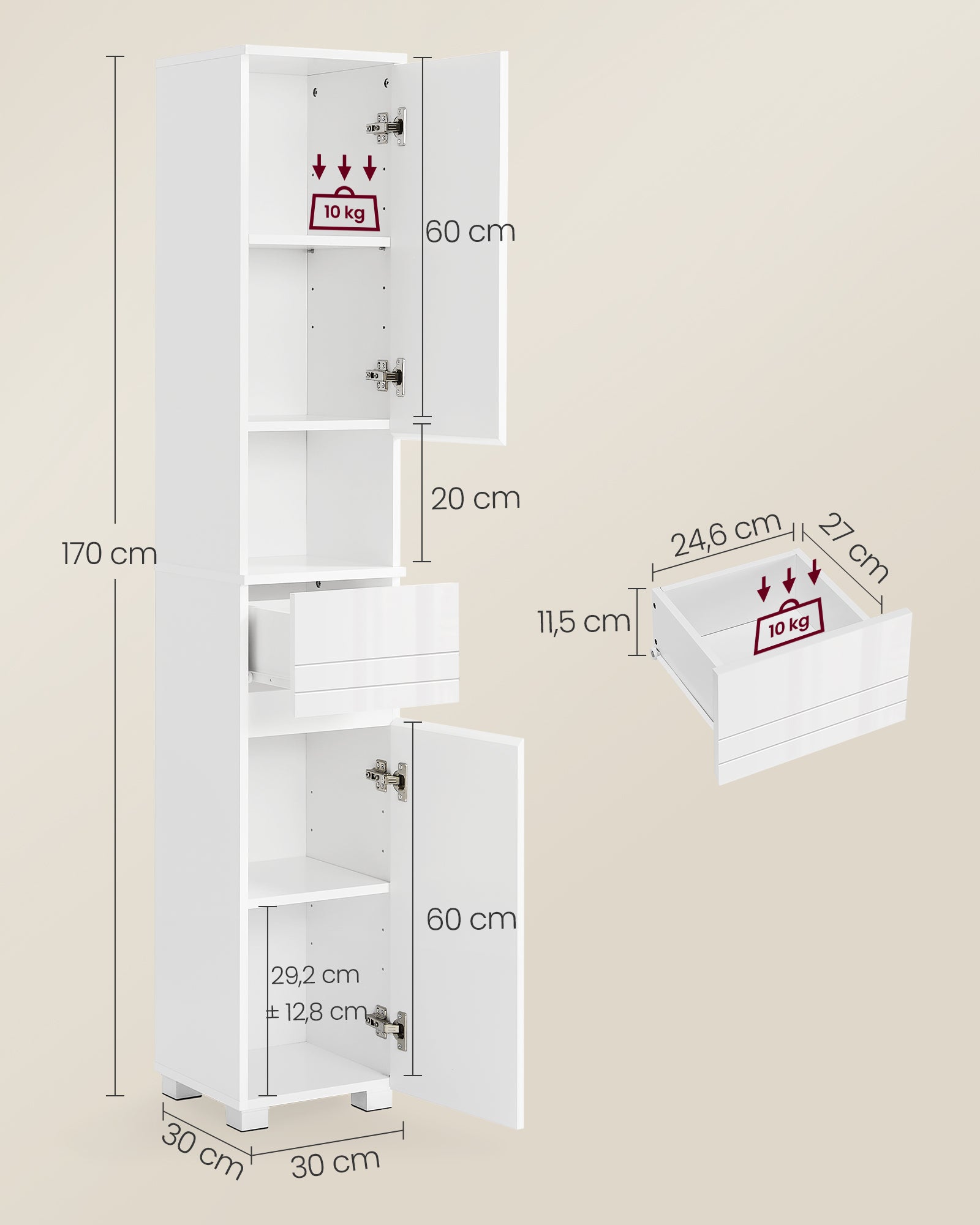 Mueble de baño con cajón y estantería, unidad de almacenamiento con compartimientos y estantes regulables, blanco - 6